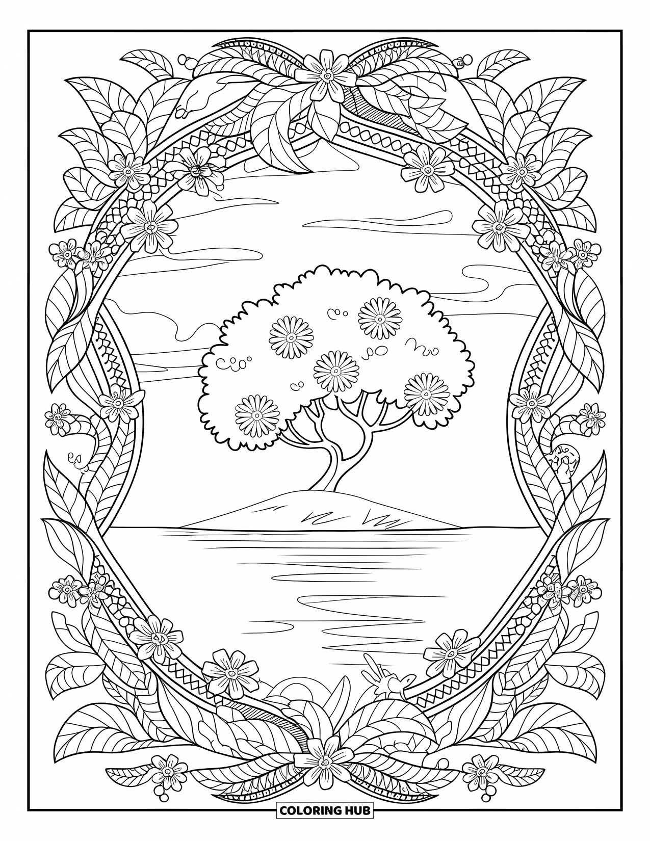 Island Coloring Page for Adults: Flowering island tree surrounded by an ornate frame of leaves and animals
