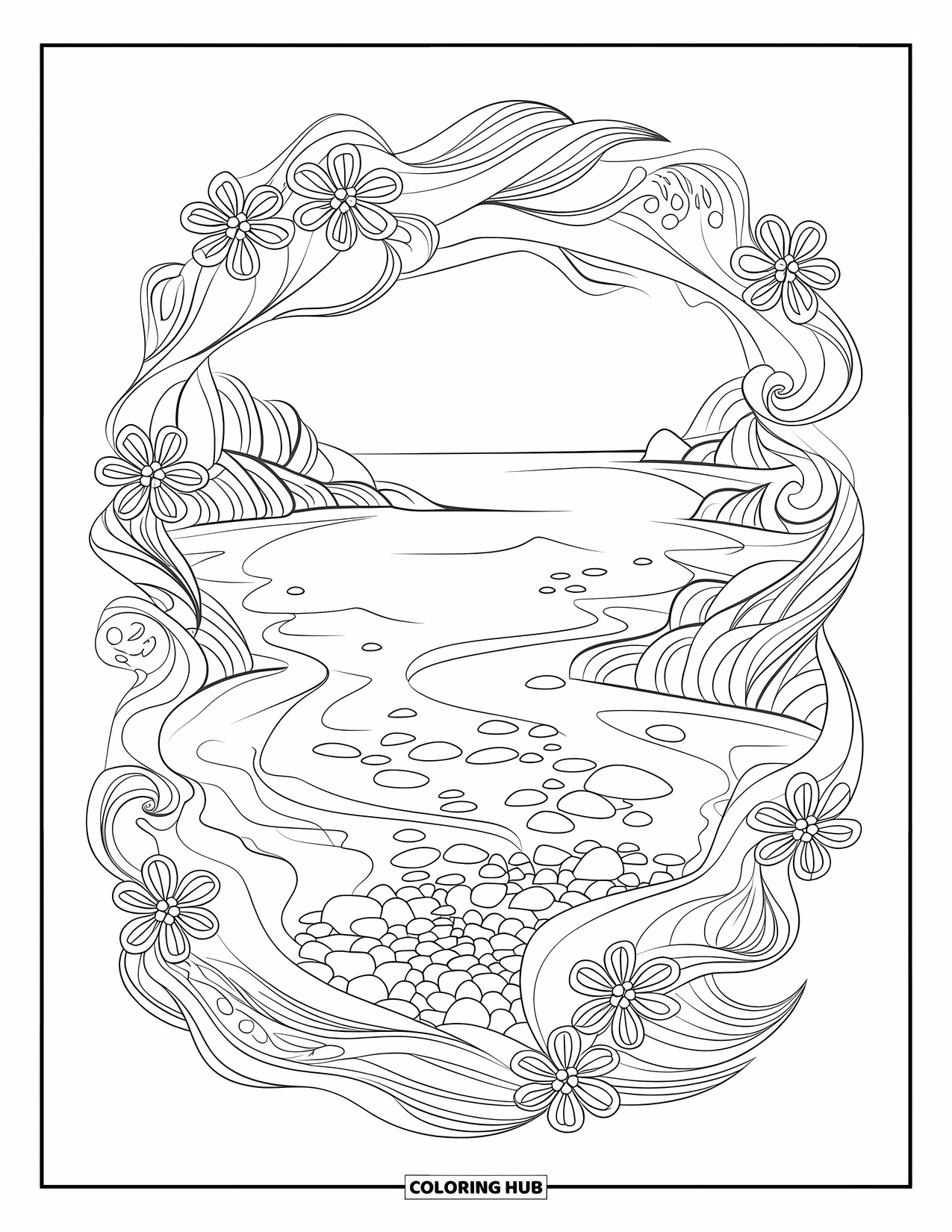 Island Coloring Page for Adults: Gentle cove with floral swirls and soft waves around a quiet island