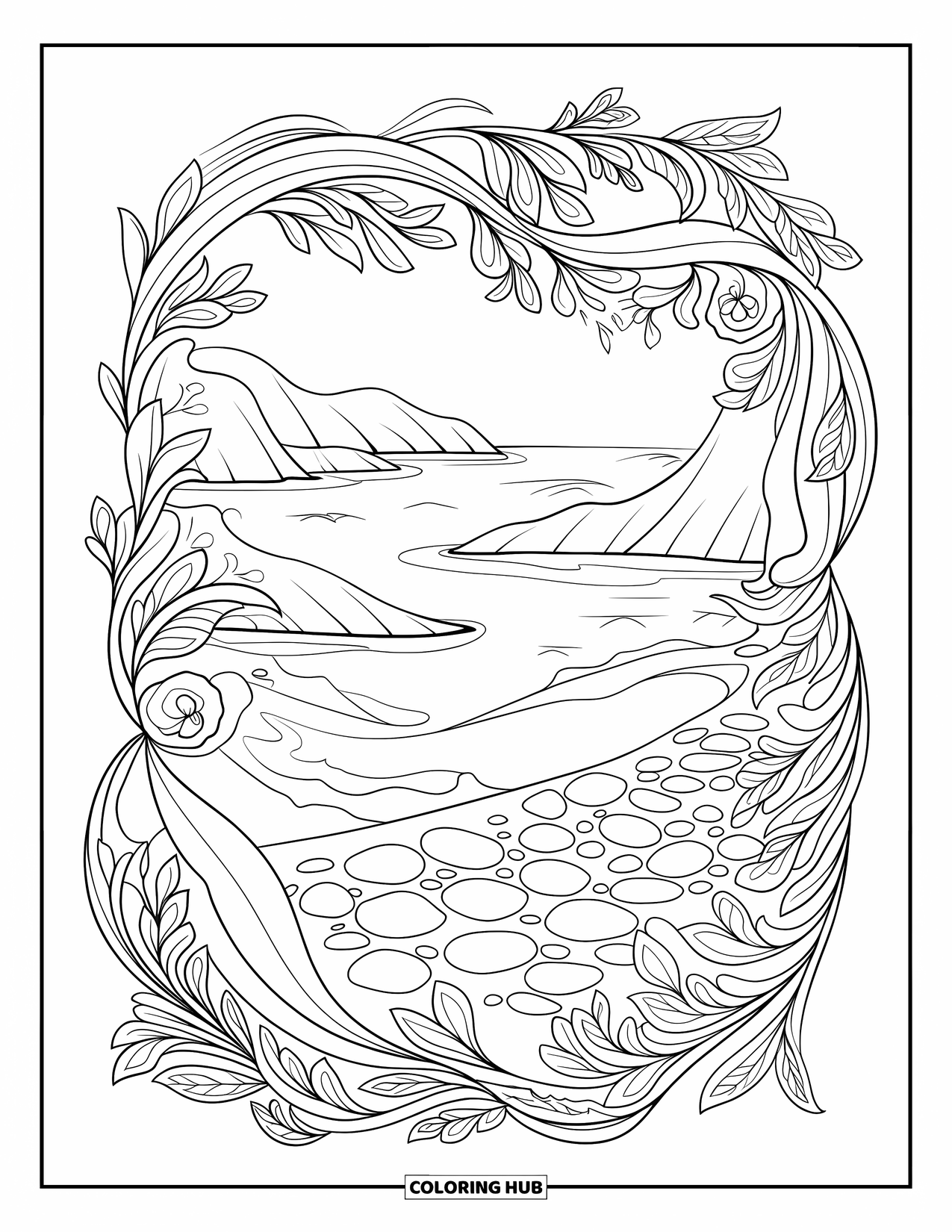 Island Coloring Page for Adults: Hidden cove island with sea pebbles and swirling floral patterns