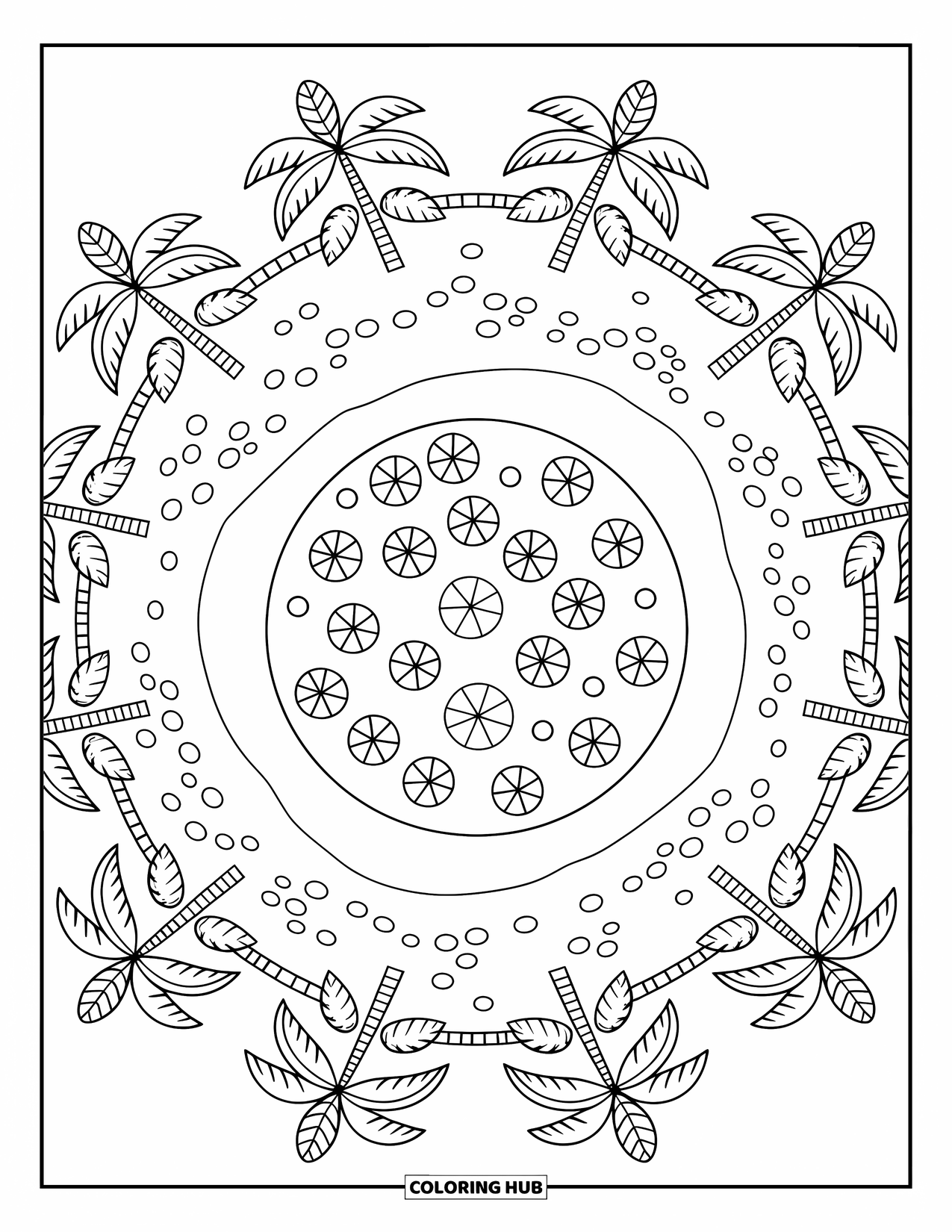 Island Coloring Page for Adults: Island ringed by palms with lily pads and wandering pebble paths