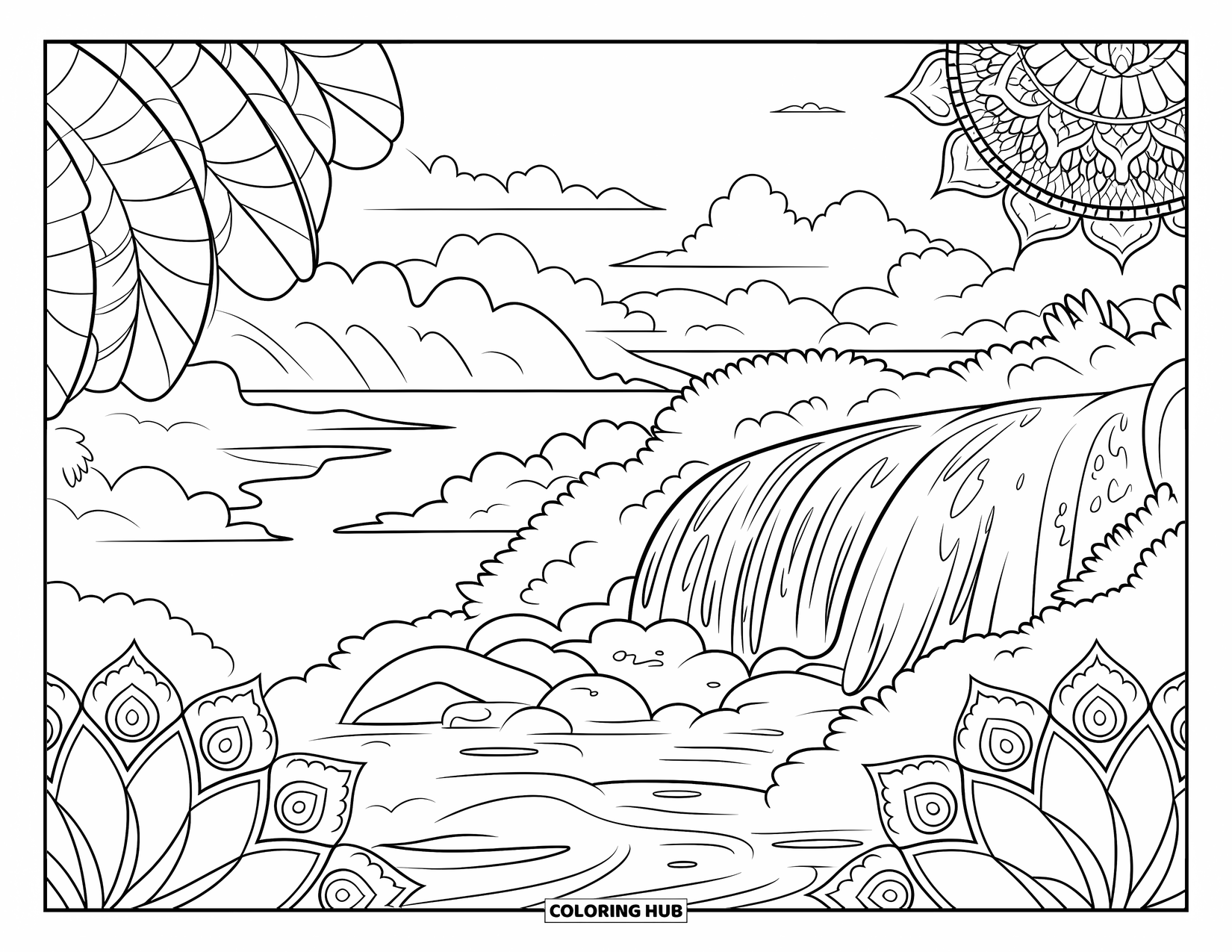 Island Coloring Page for Adults: Island waterfall framed by banana leaves, lotus mandala, and mountain scenery