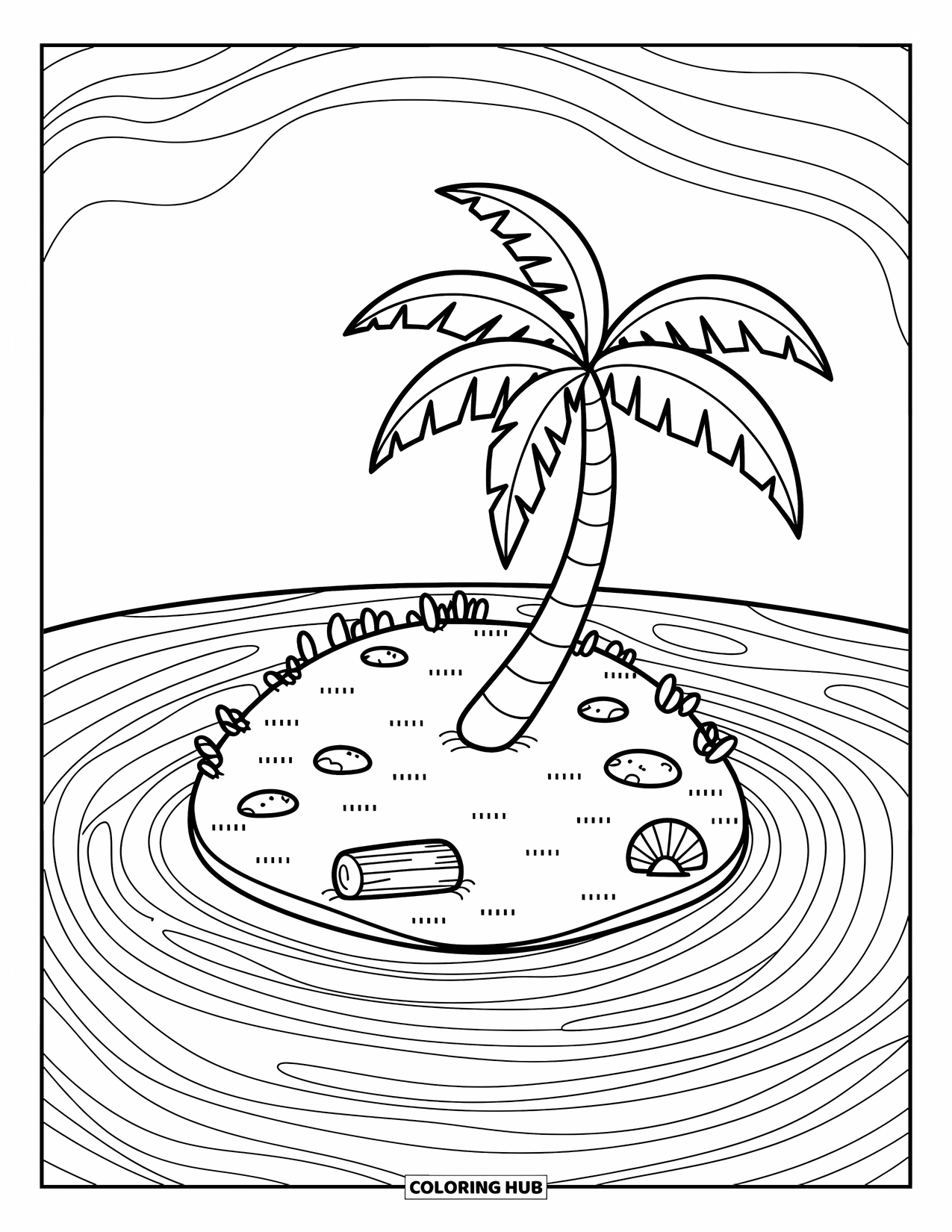 Island Coloring Page for Adults: Island with a big leaning palm, seashells, and a scattered log