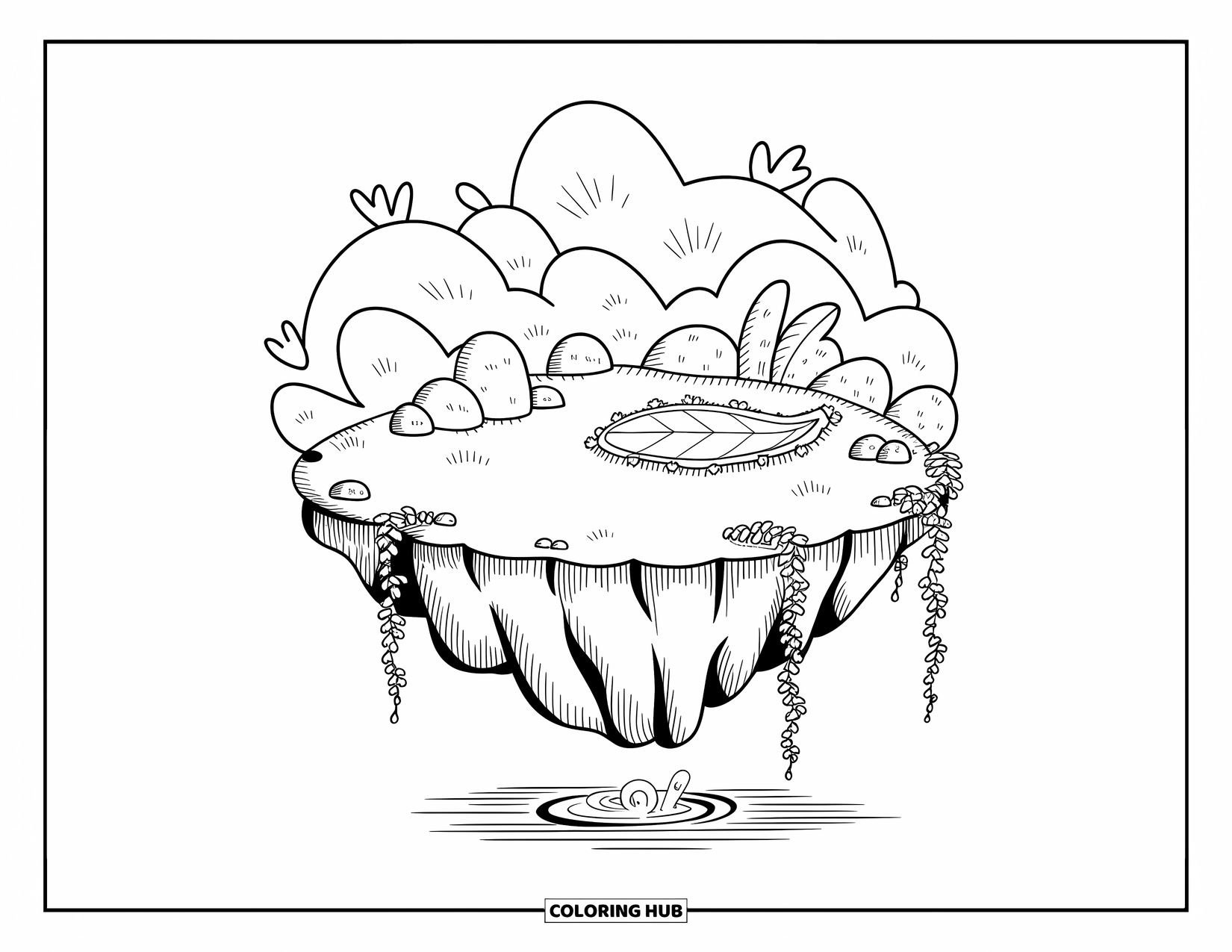 Island Coloring Page for Adults: Leaf patch and trickling stream top a floating island with hanging roots