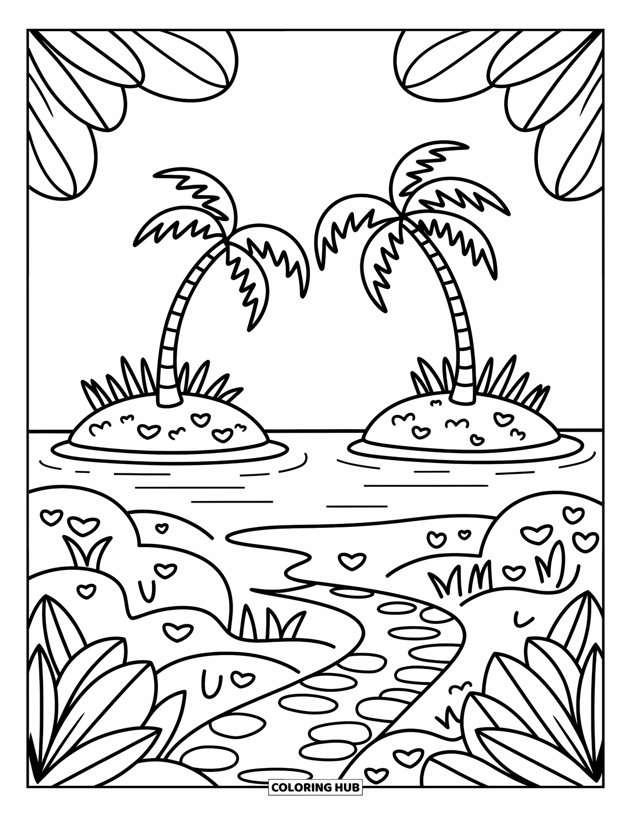Island Coloring Page for Adults: Palm trees bend to form a leafy canopy over a soft island cove