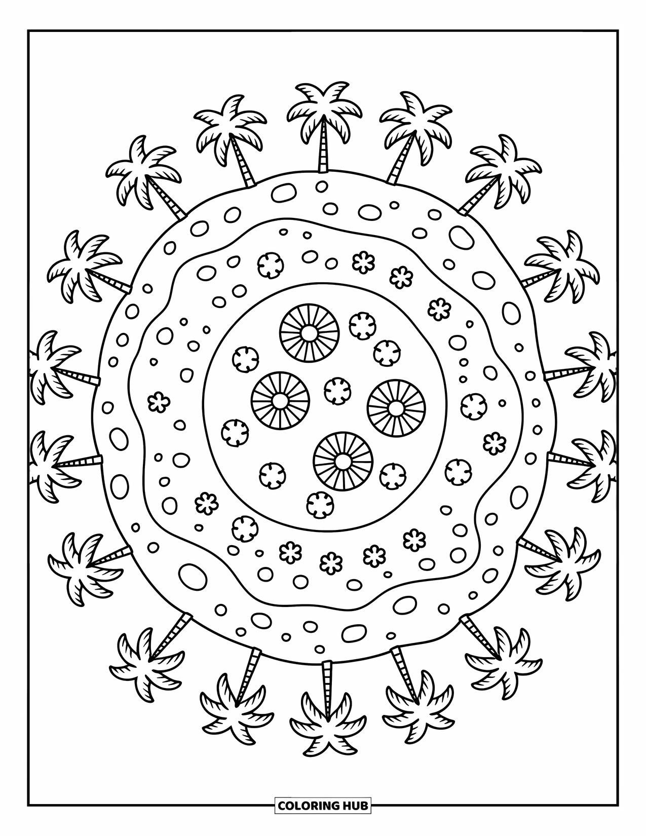 Island Coloring Page for Adults: Palm trees circle a pond on a wide island with playful pebble trails