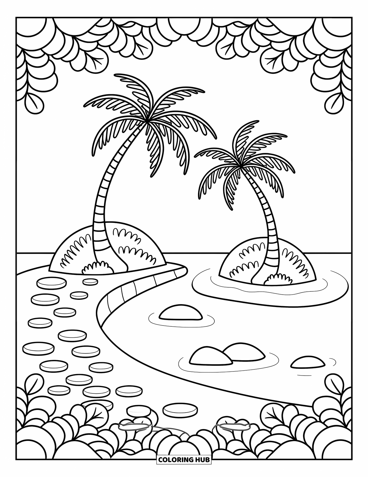 Island Coloring Page for Adults: Round island with two palm trees arched over a stone path cove