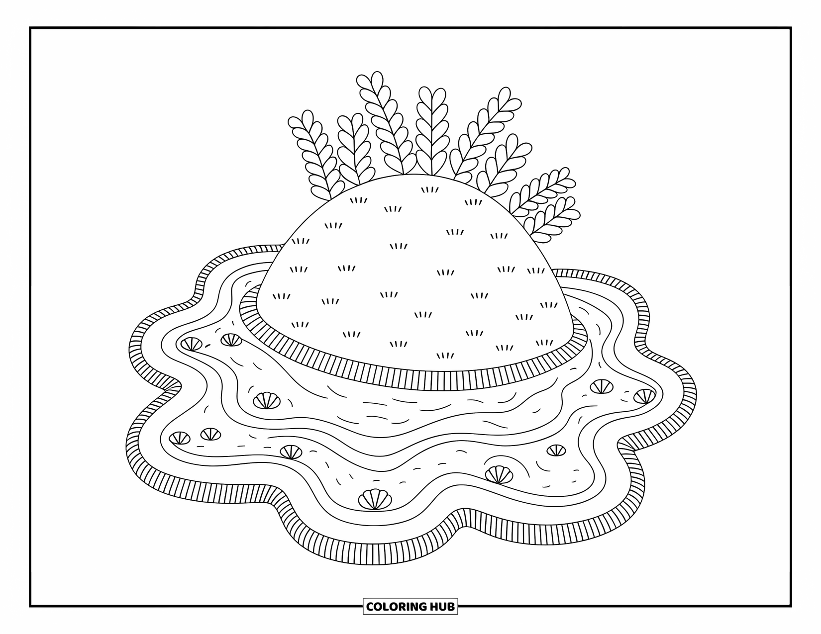 Island Coloring Page for Adults: Scalloped coral island with tide pools and leafy plant clusters