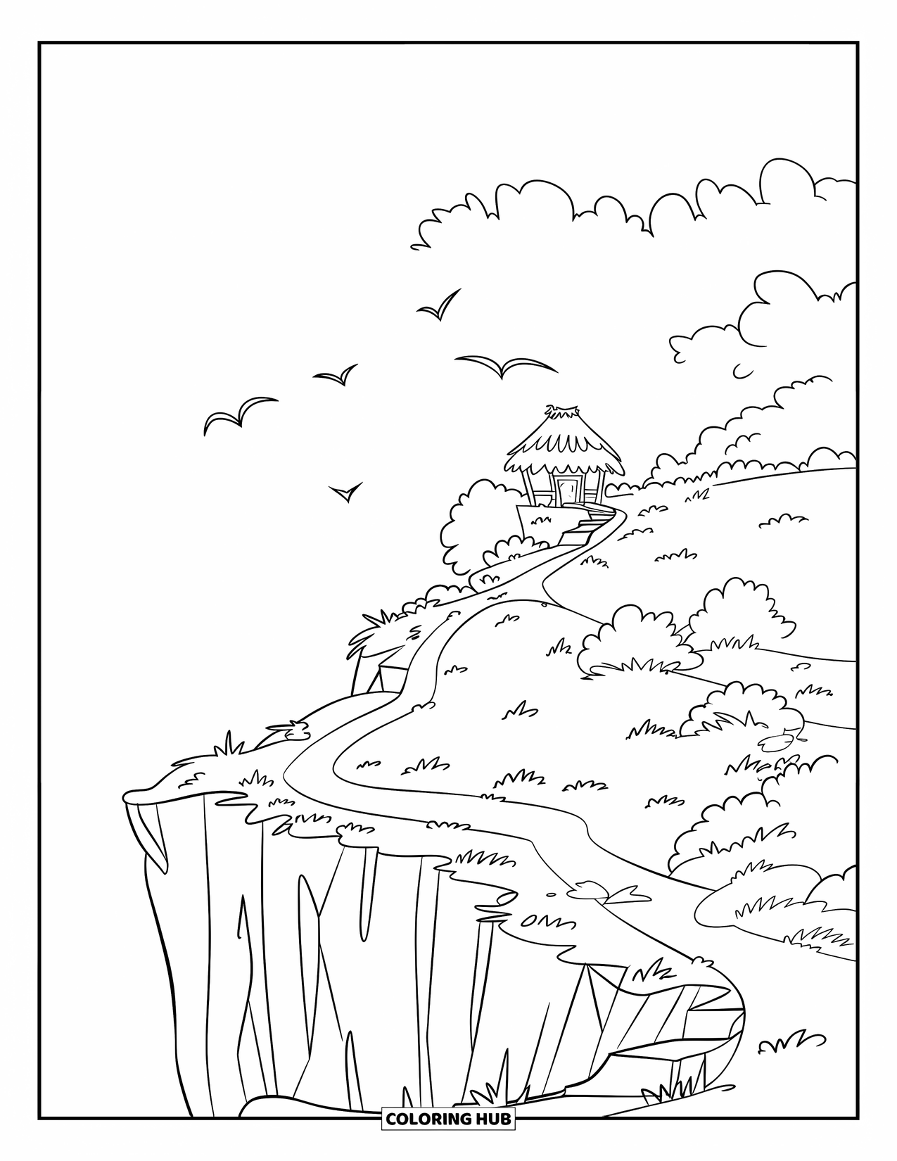 Island Coloring Page for Kids: Cliffside island path leads to a hut with birds flying above