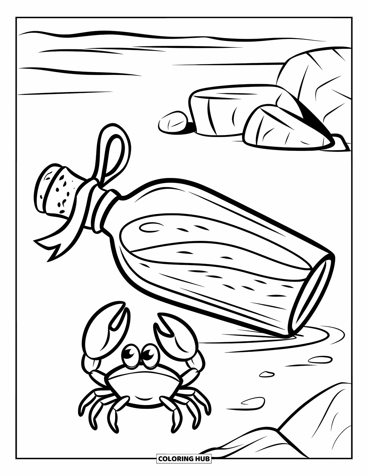 Island Coloring Page for Kids: Crab holds a message bottle washed up on a sandy shoreline
