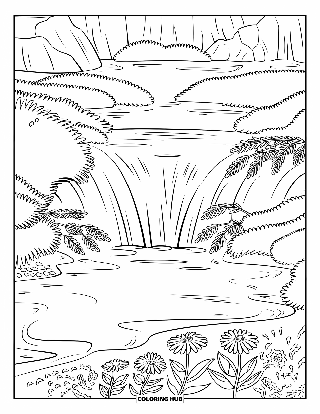Island Coloring Page for Kids: Curved waterfall meets a calm lagoon in a lush, green setting