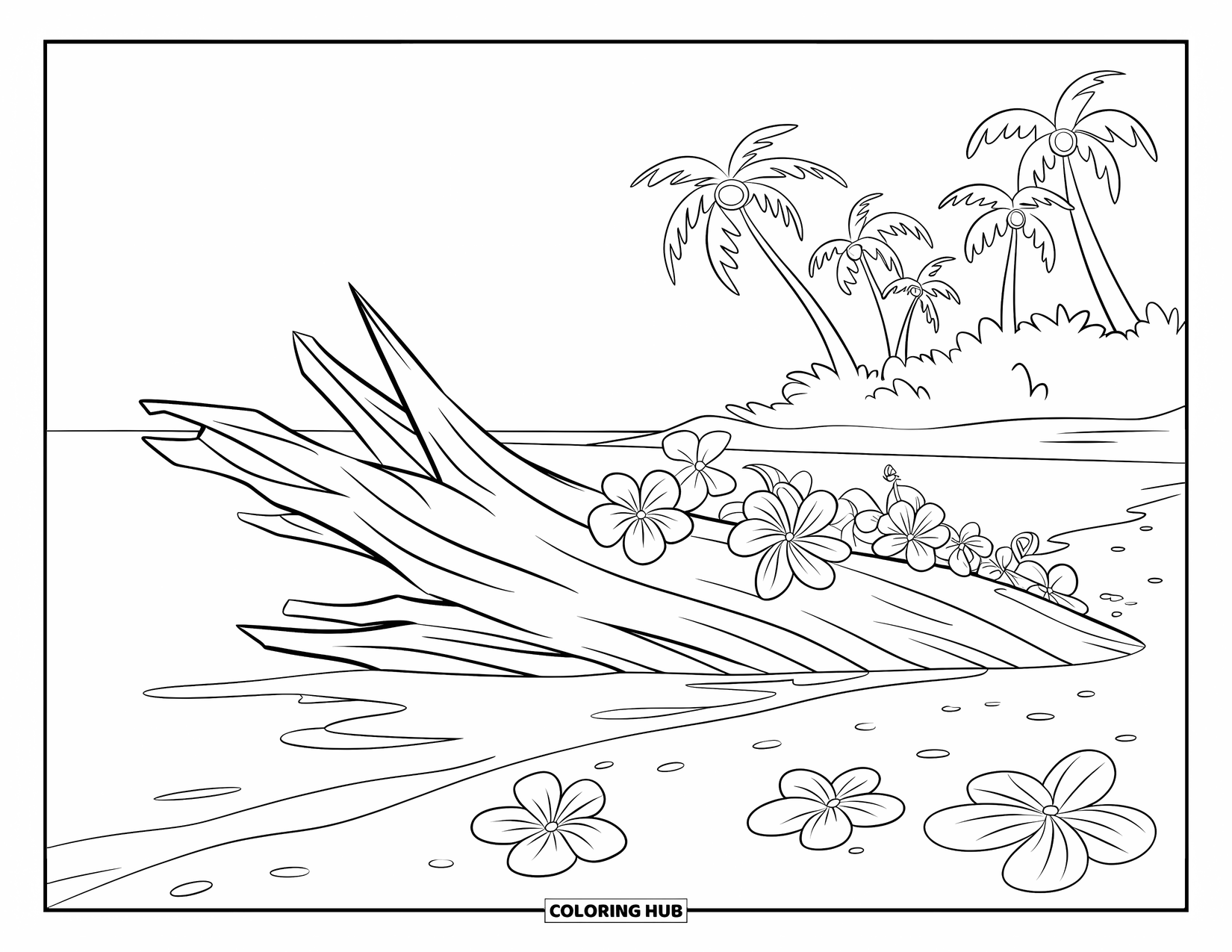 Island Coloring Page for Kids: Driftwood lies near the shore with tropical flowers and palm trees nearby