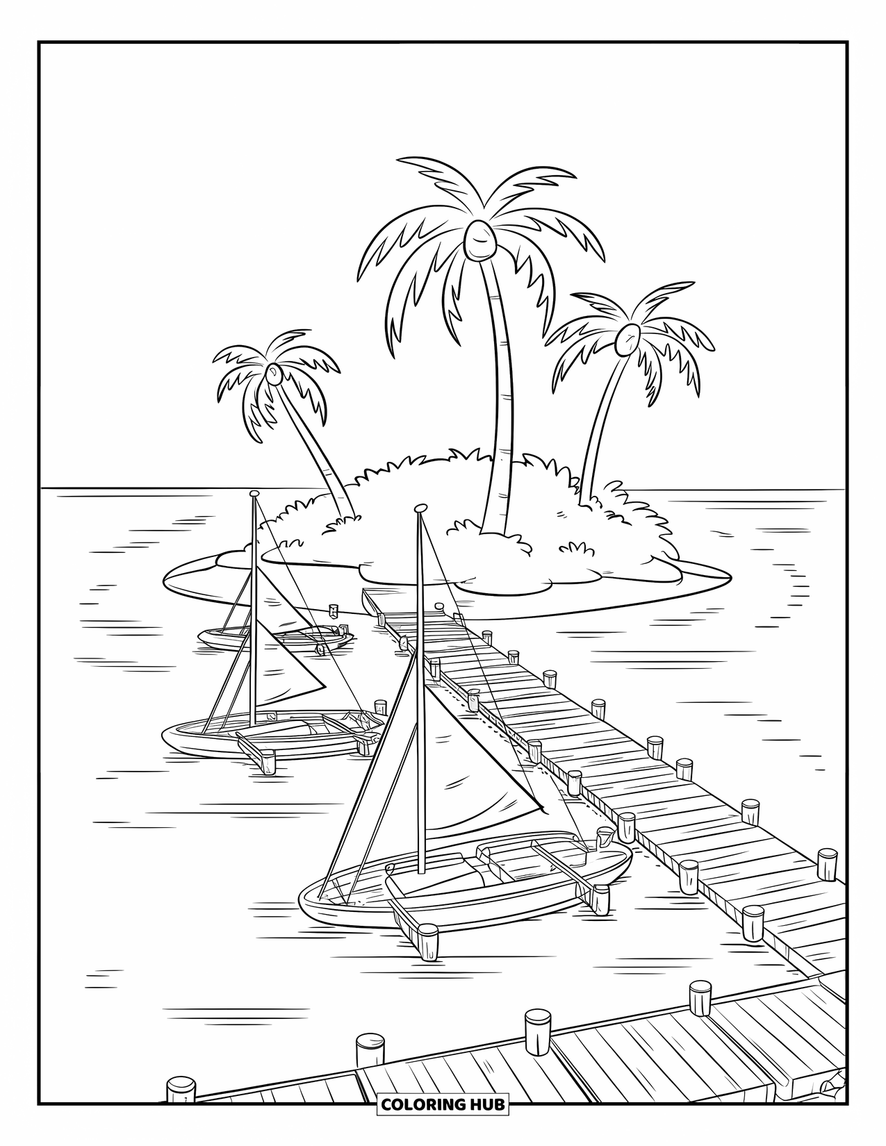 Island Coloring Page for Kids: Floating docks and sailboats rest peacefully by a palm-filled island