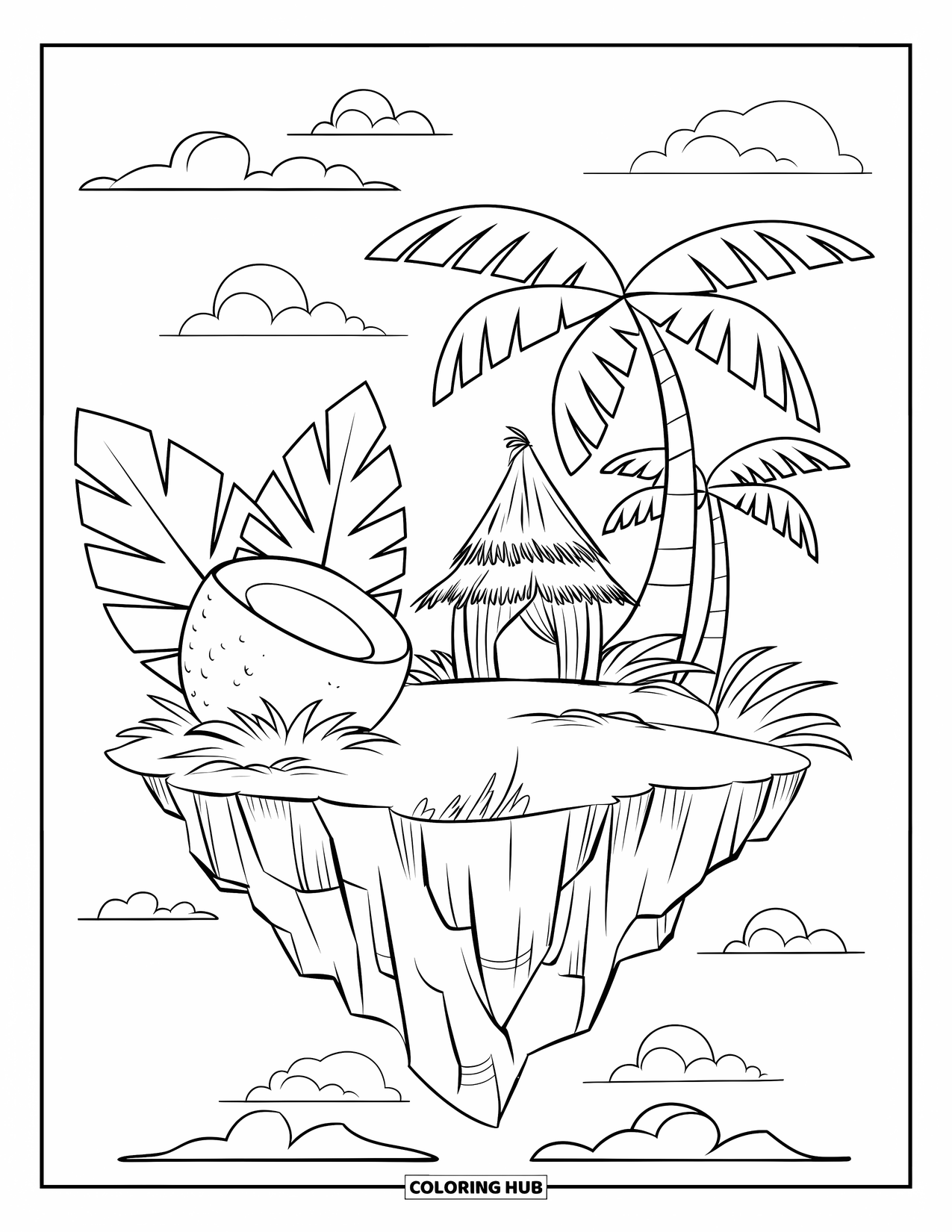 Island Coloring Page for Kids: Floating island with a giant coconut and leafy palms near a hut