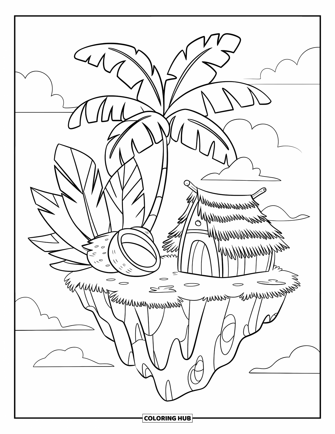 Island Coloring Page for Kids: Floating island with tropical leaves, hut, and big coconut