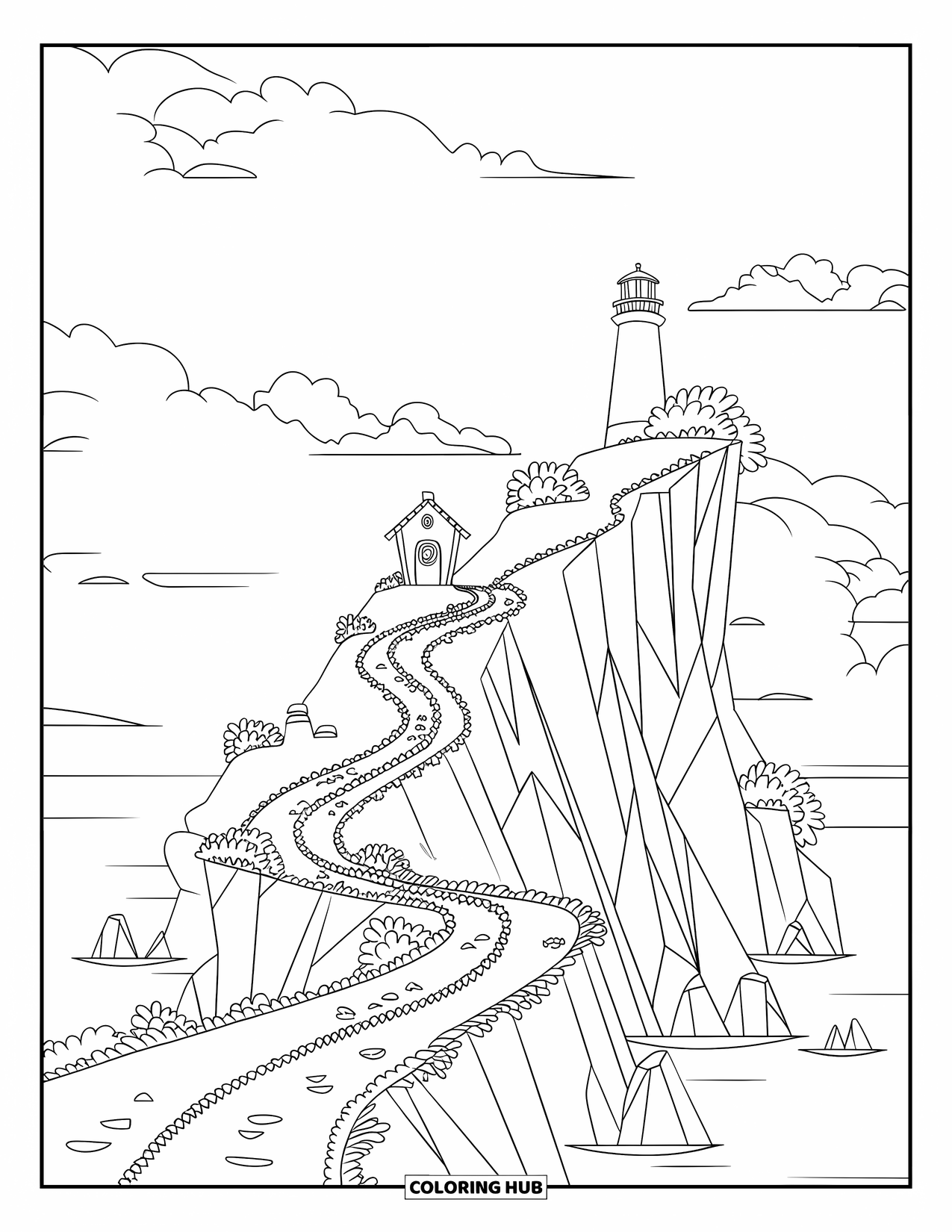 Island Coloring Page for Kids: Green path leads to a hut and lighthouse on a cliffside island