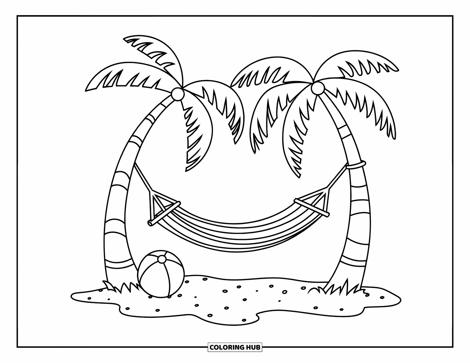 Island Coloring Page for Kids: Hammock sways between palms above sand and a nearby beach ball