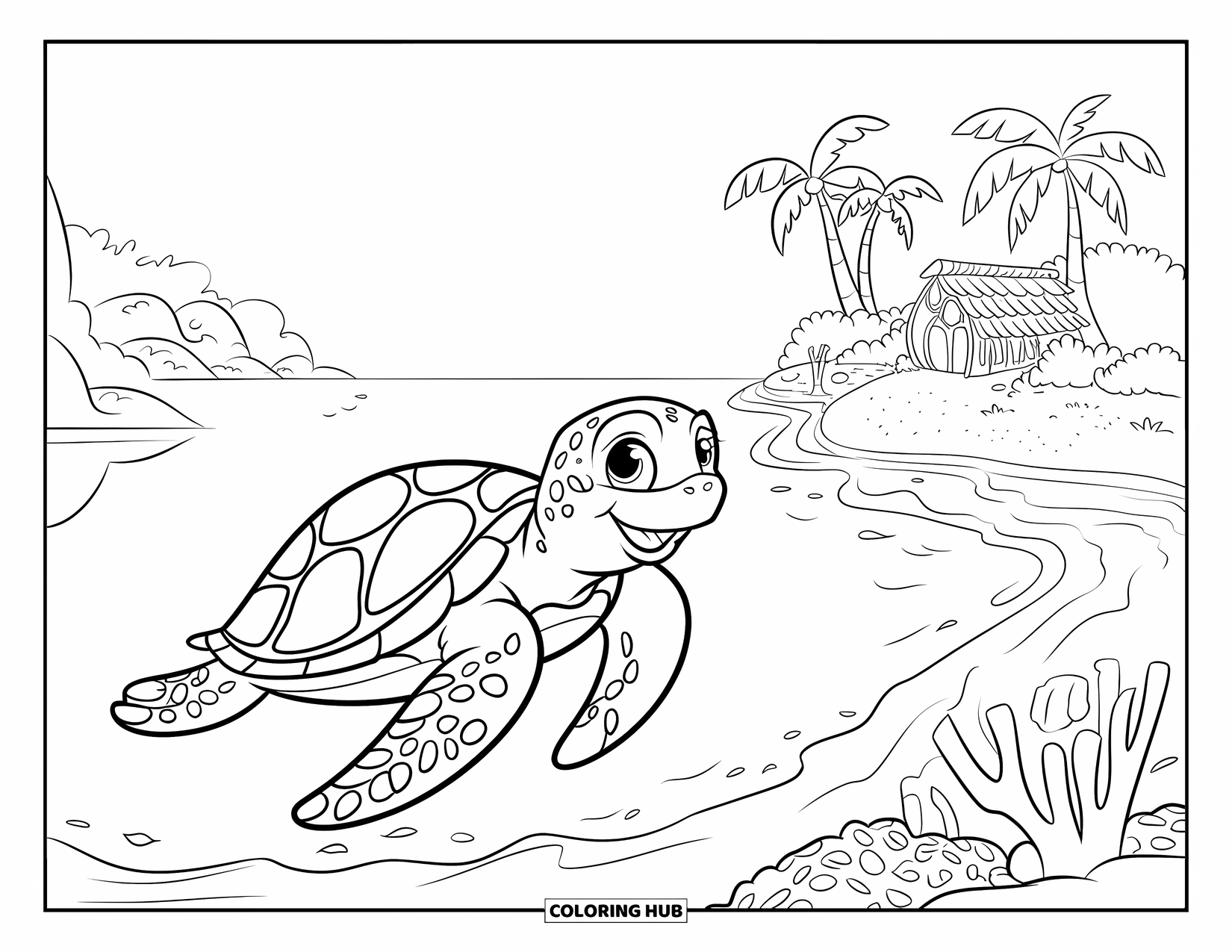 Island Coloring Page for Kids: Happy sea turtle swims toward an island with palm trees and a hut