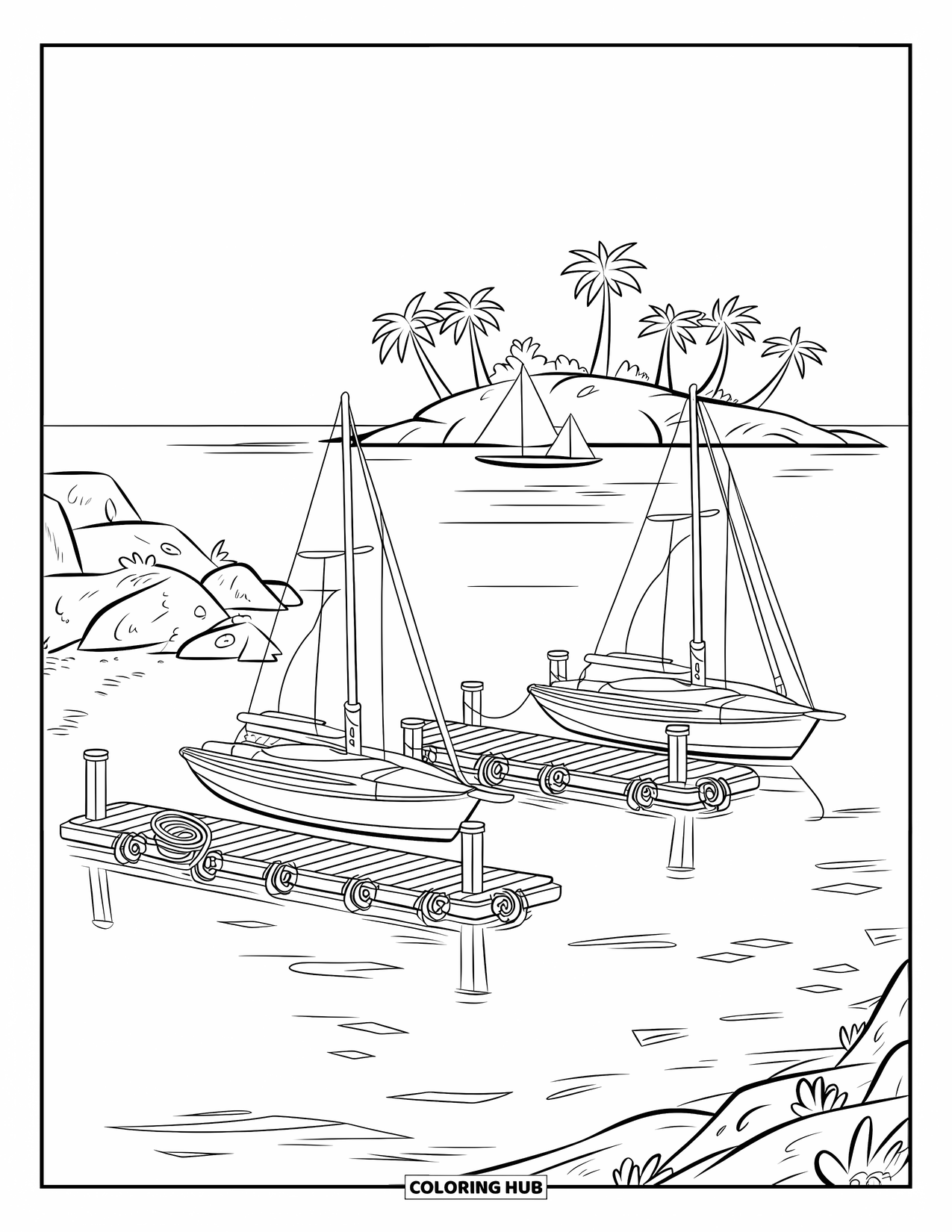 Island Coloring Page for Kids: Island harbor with palm trees, anchored sailboats, and calm reflections on the water