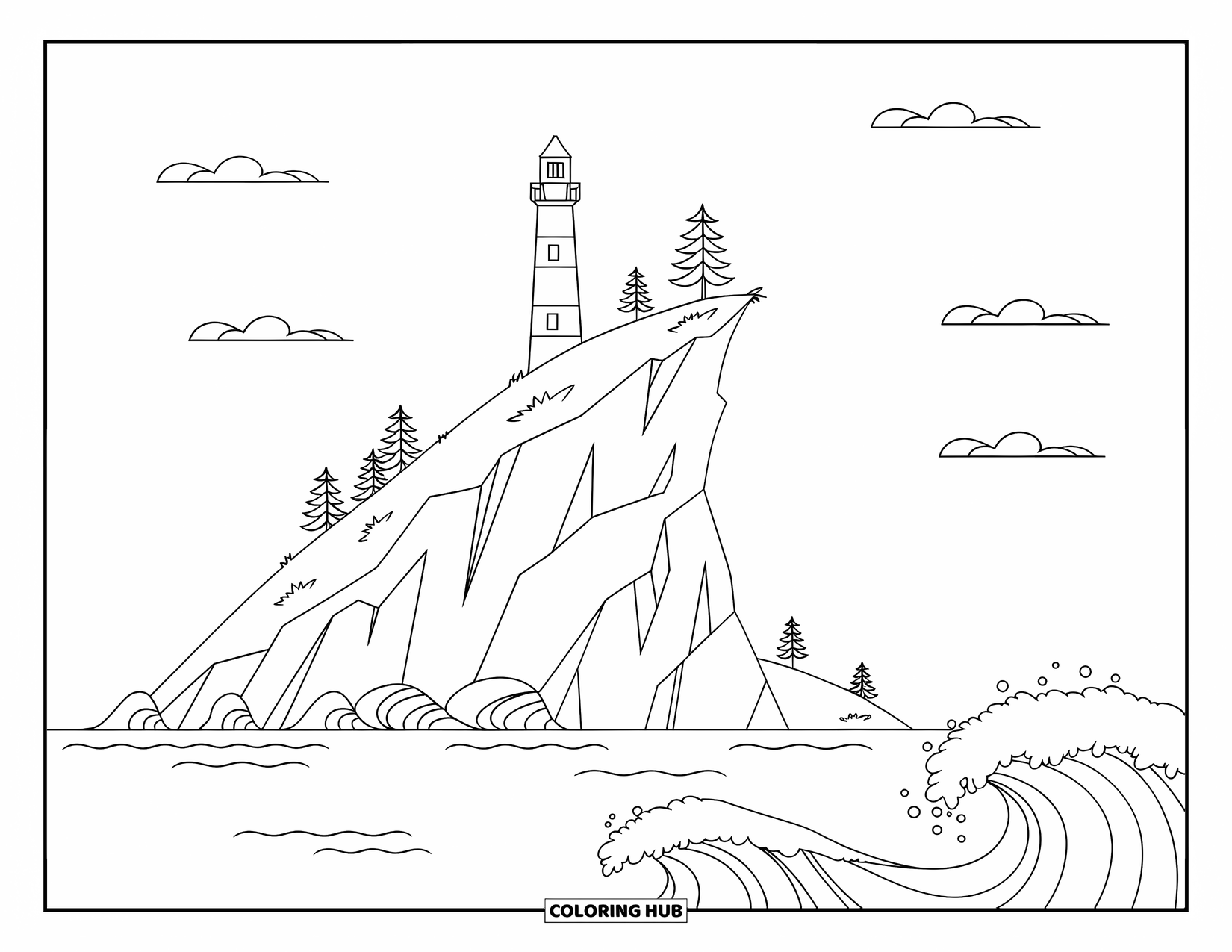 Island Coloring Page for Kids: Lighthouse stands tall on a cliff with trees and waves below