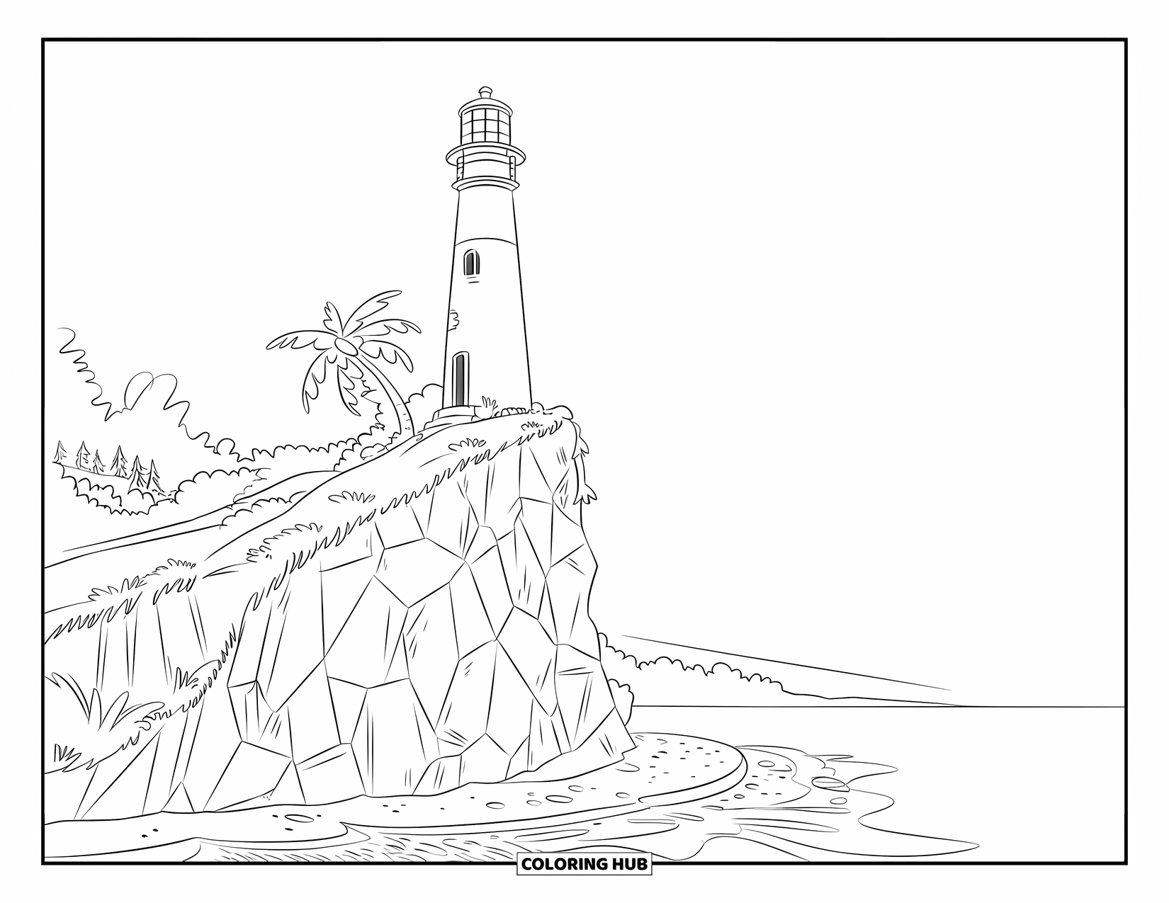 Island Coloring Page for Kids: Lighthouse towers over a rocky cliff with clouds in the clear sky
