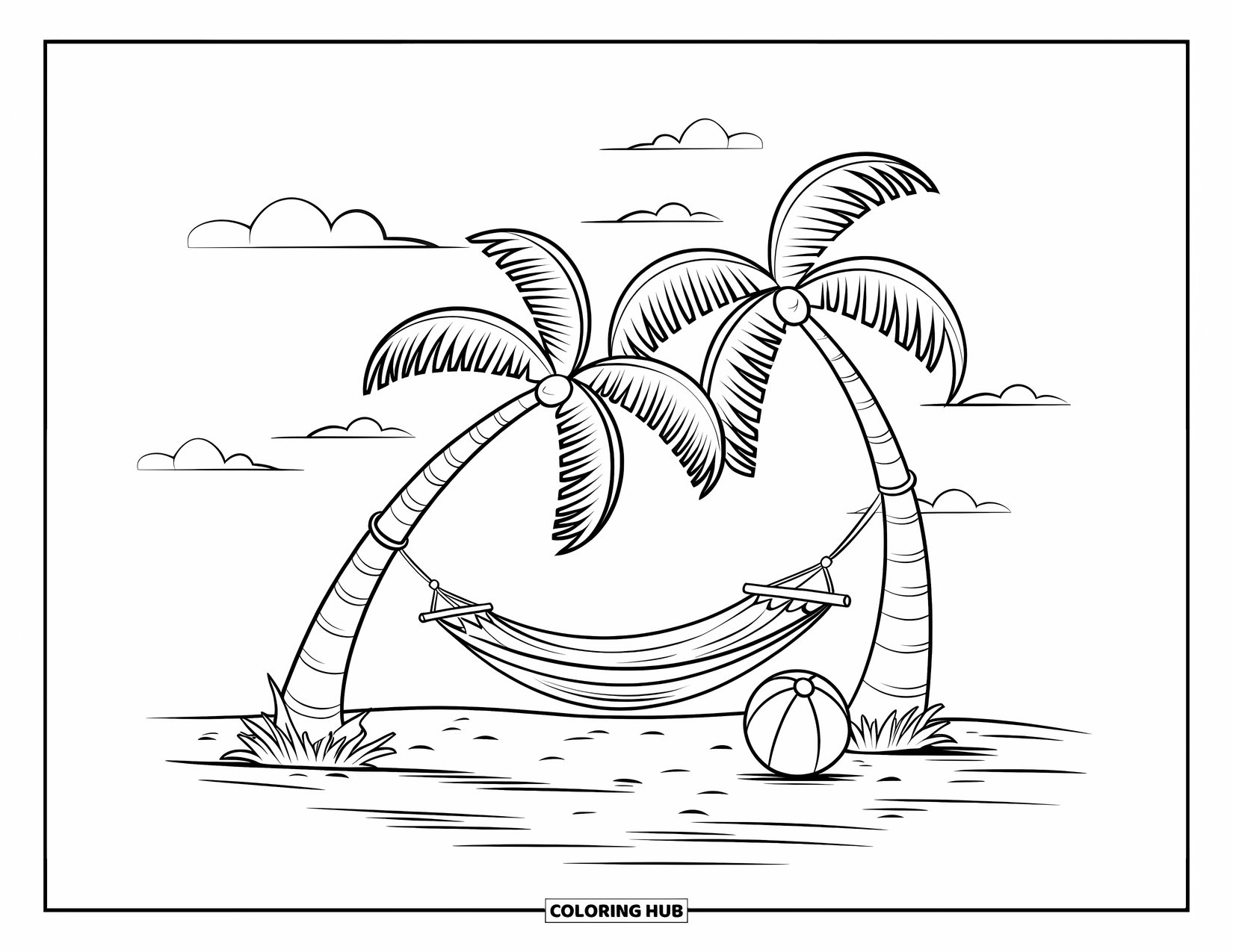 Island Coloring Page for Kids: Palm trees arch over a hammock beside a resting beach ball