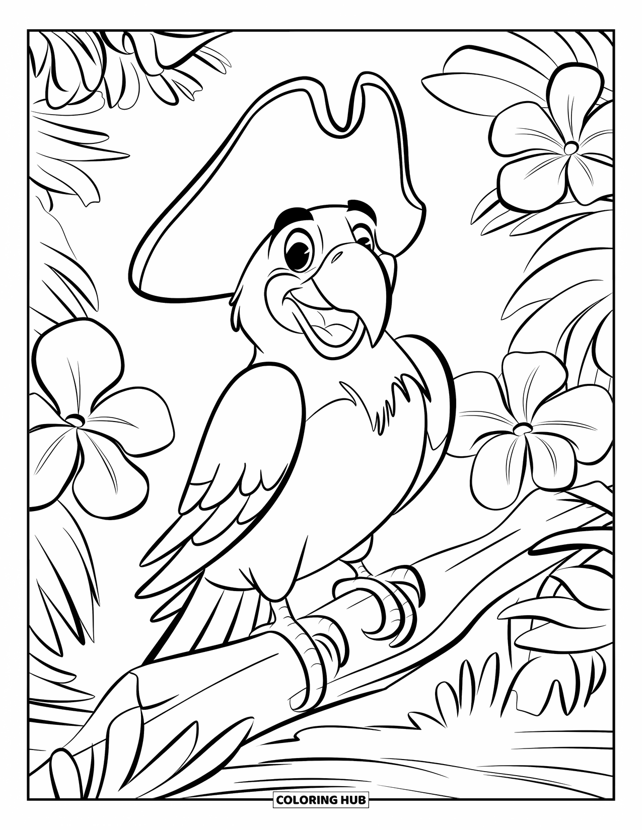 Island Coloring Page for Kids: Parrot in pirate hat perched on driftwood with tropical flowers