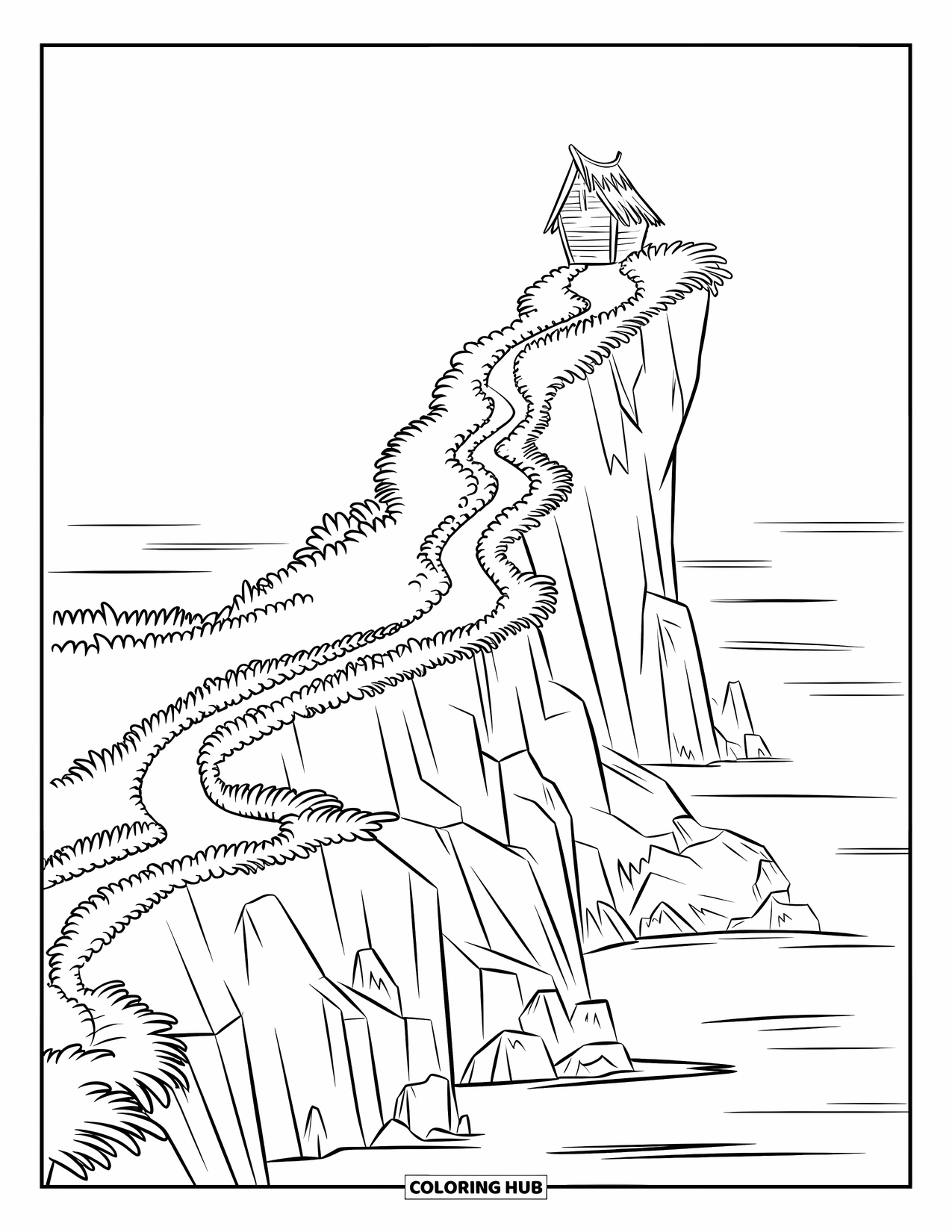 Island Coloring Page for Kids: Path winds up a cliffside to a small hut overlooking the water