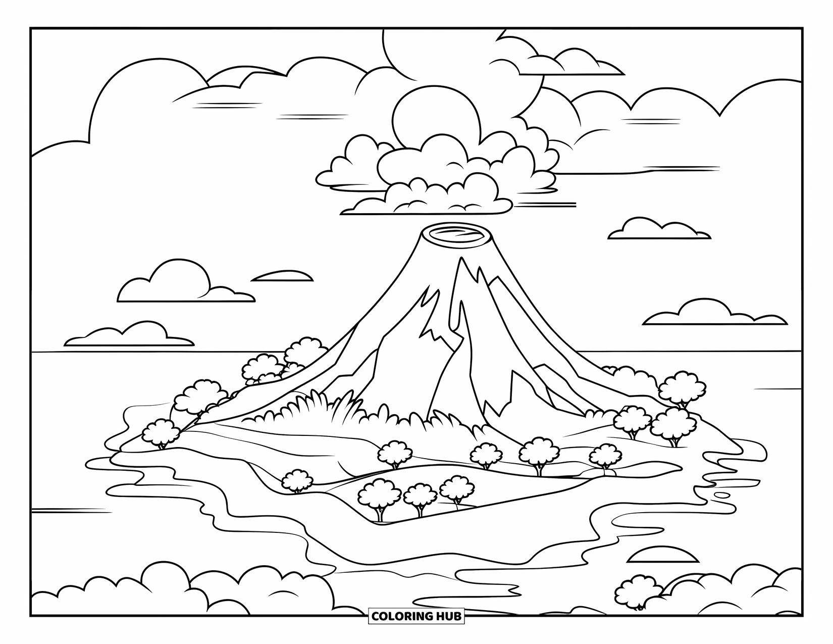 Island Coloring Page for Kids: Peaceful volcano with greenery and clouds on a small island