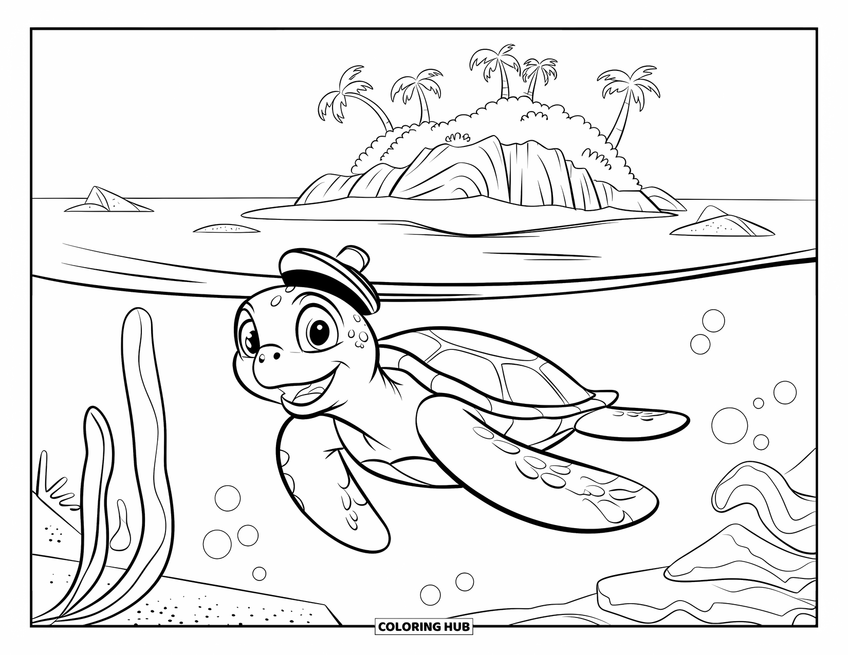 Island Coloring Page for Kids: Playful sea turtle with a sailor hat heads to a cozy beach