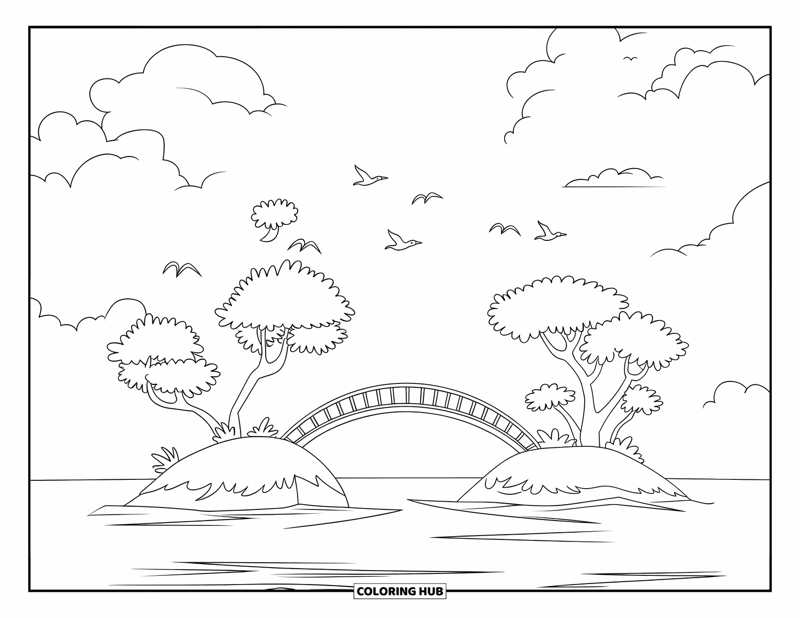 Island Coloring Page for Kids: Small bridge connects leafy islands with birds flying in a clear sky