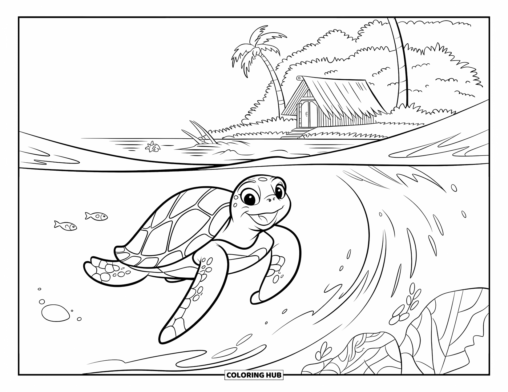 Island Coloring Page for Kids: Smiling turtle swims to a sandy island cove with palm trees