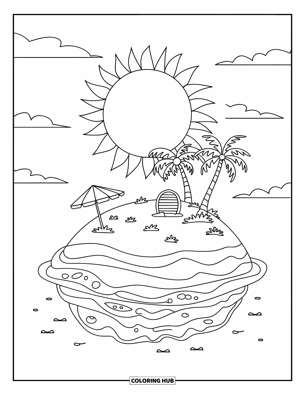 Island Coloring Page for Kids: Sunny island with palm trees, a hut, and gentle ocean waves