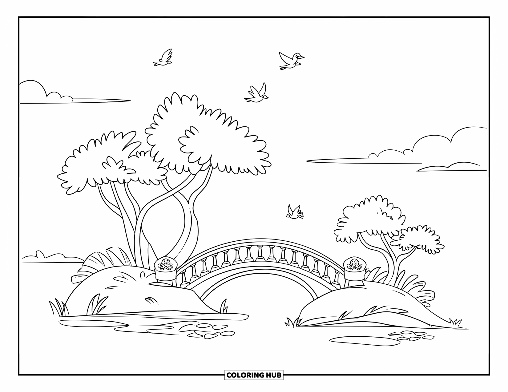 Island Coloring Page for Kids: Tiny islands with trees linked by a bridge under a peaceful sky