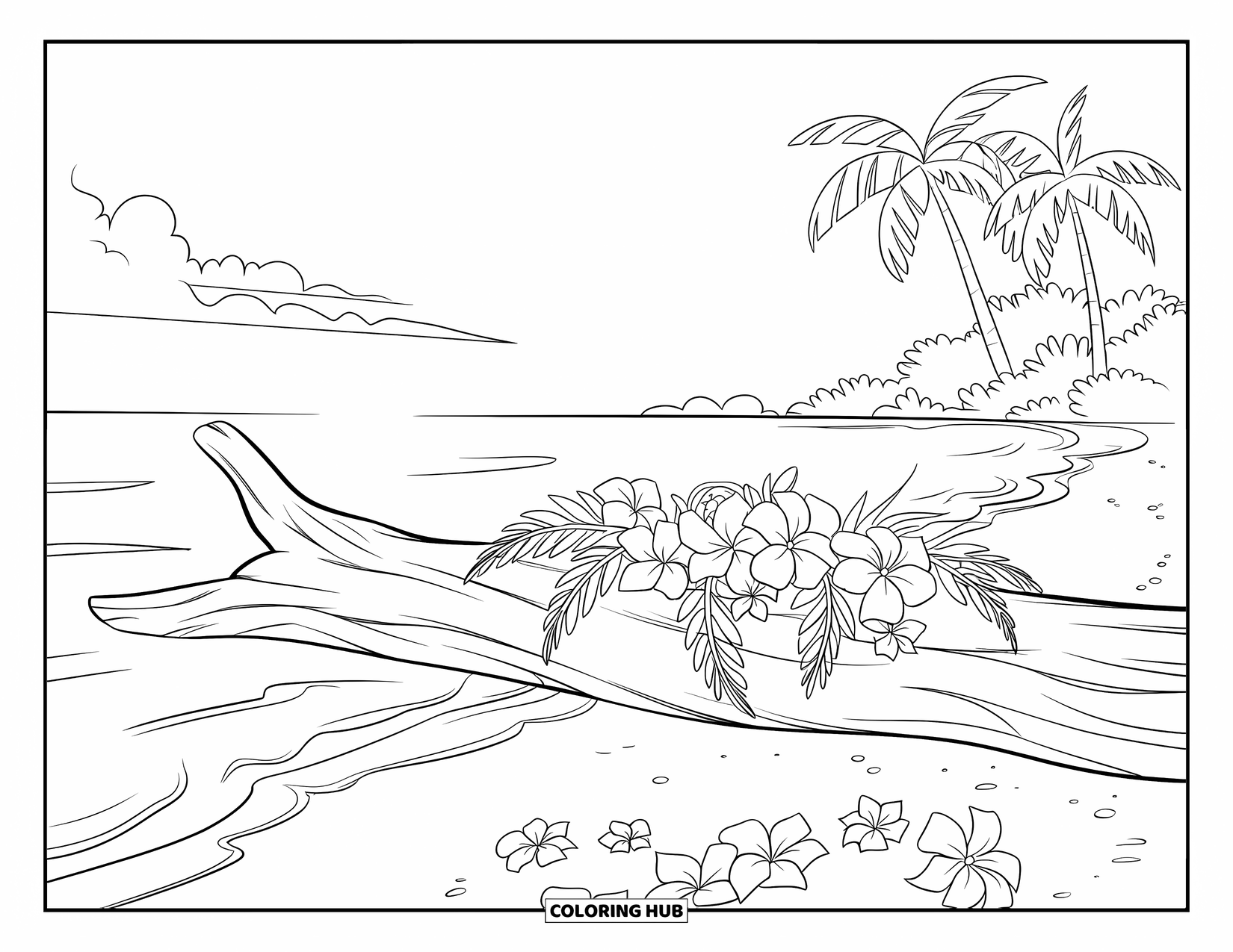 Island Coloring Page for Kids: Tropical flowers scatter around driftwood on a sunny beach with palm trees