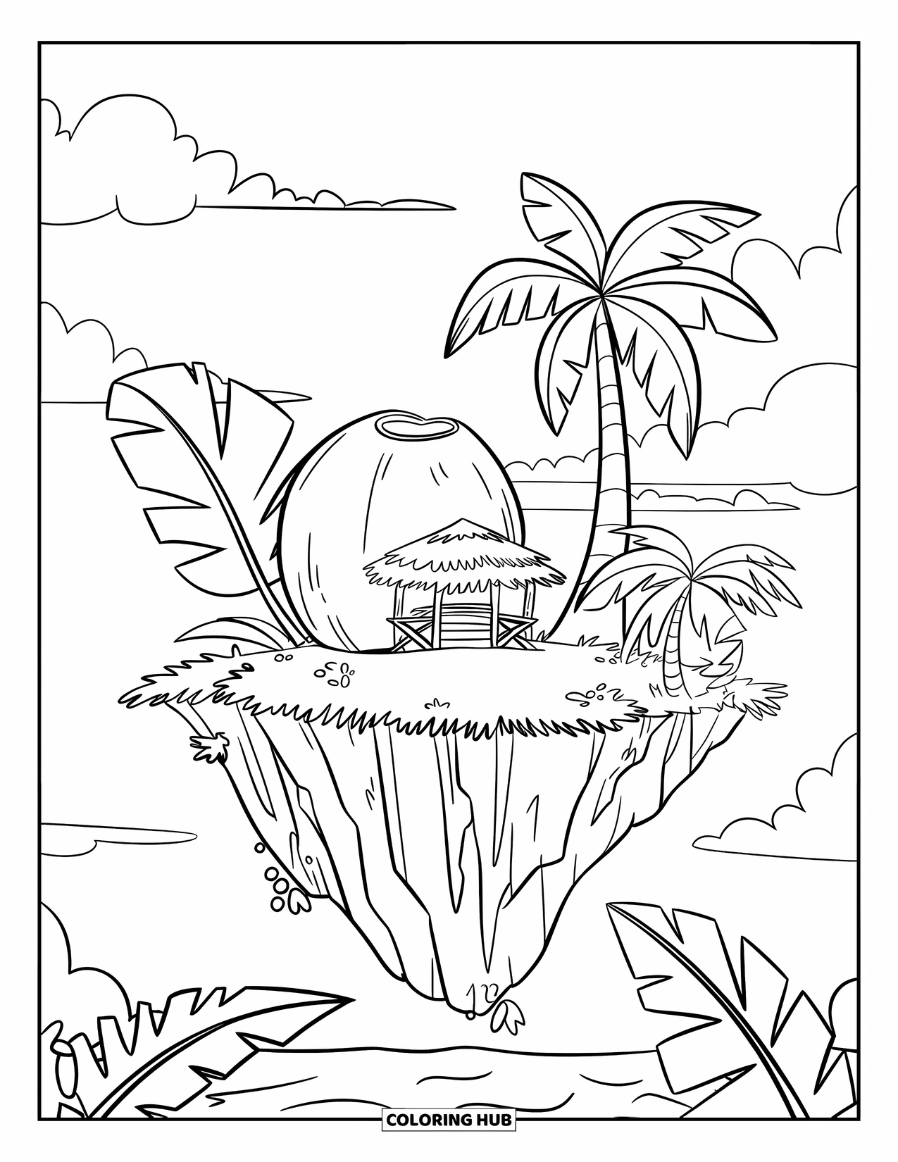 Island Coloring Page for Kids: Tropical island floats with a hut, coconut, and leafy palm trees