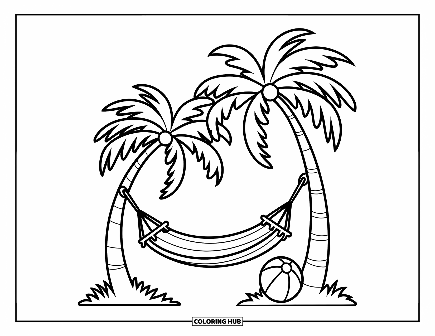 Island Coloring Page for Kids: Two palm trees lean over a hammock with a beach ball nearby