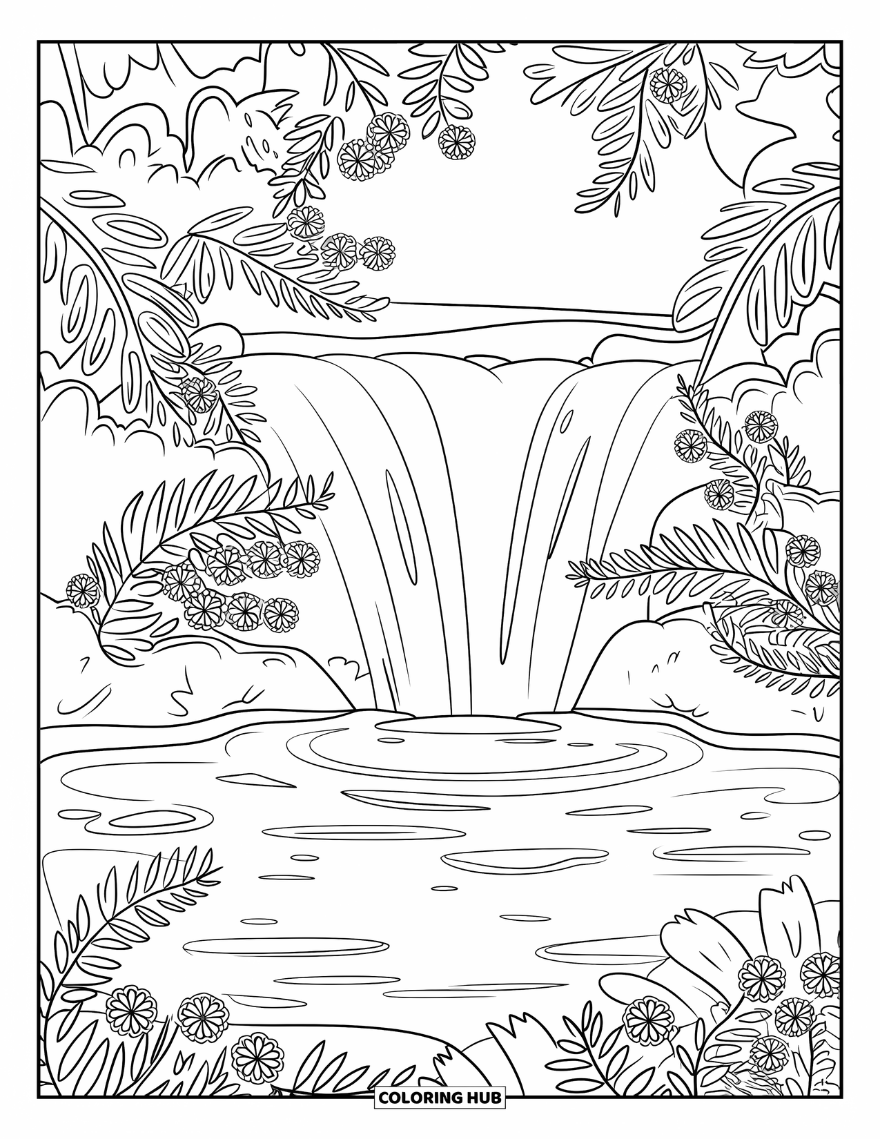 Island Coloring Page for Kids: Water gently falls into a lagoon with ferns and flowers all around
