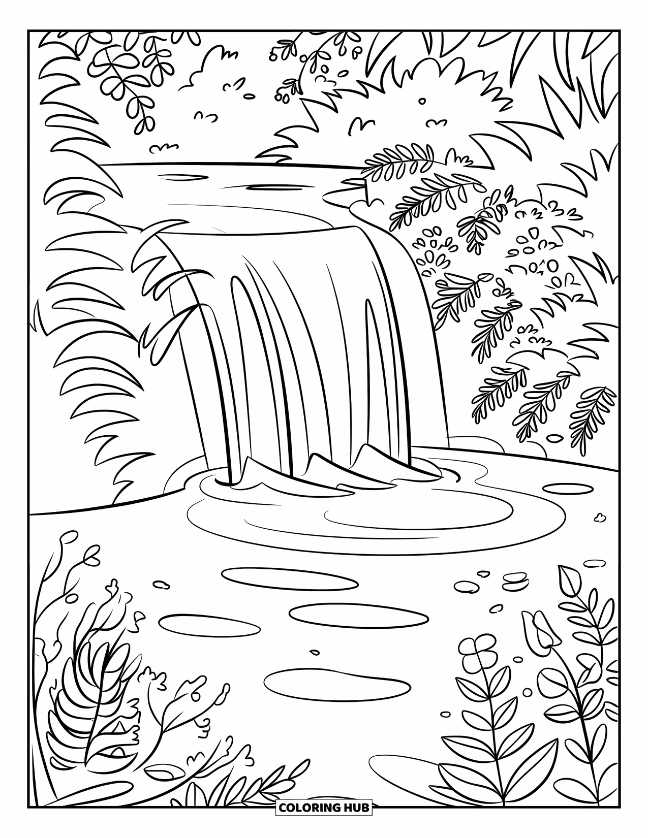 Island Coloring Page for Kids: Waterfall flows into a lagoon surrounded by ferns and flowers