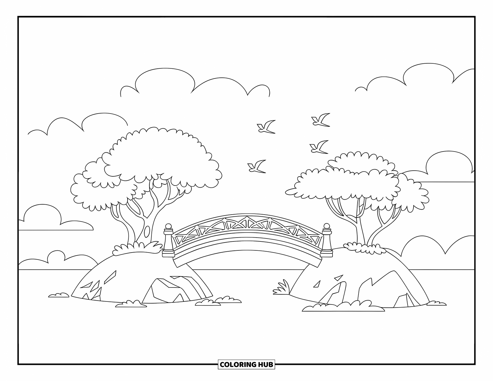 Island Coloring Page for Kids: Wooden bridge links two tree-filled islands under a sky with fluffy clouds