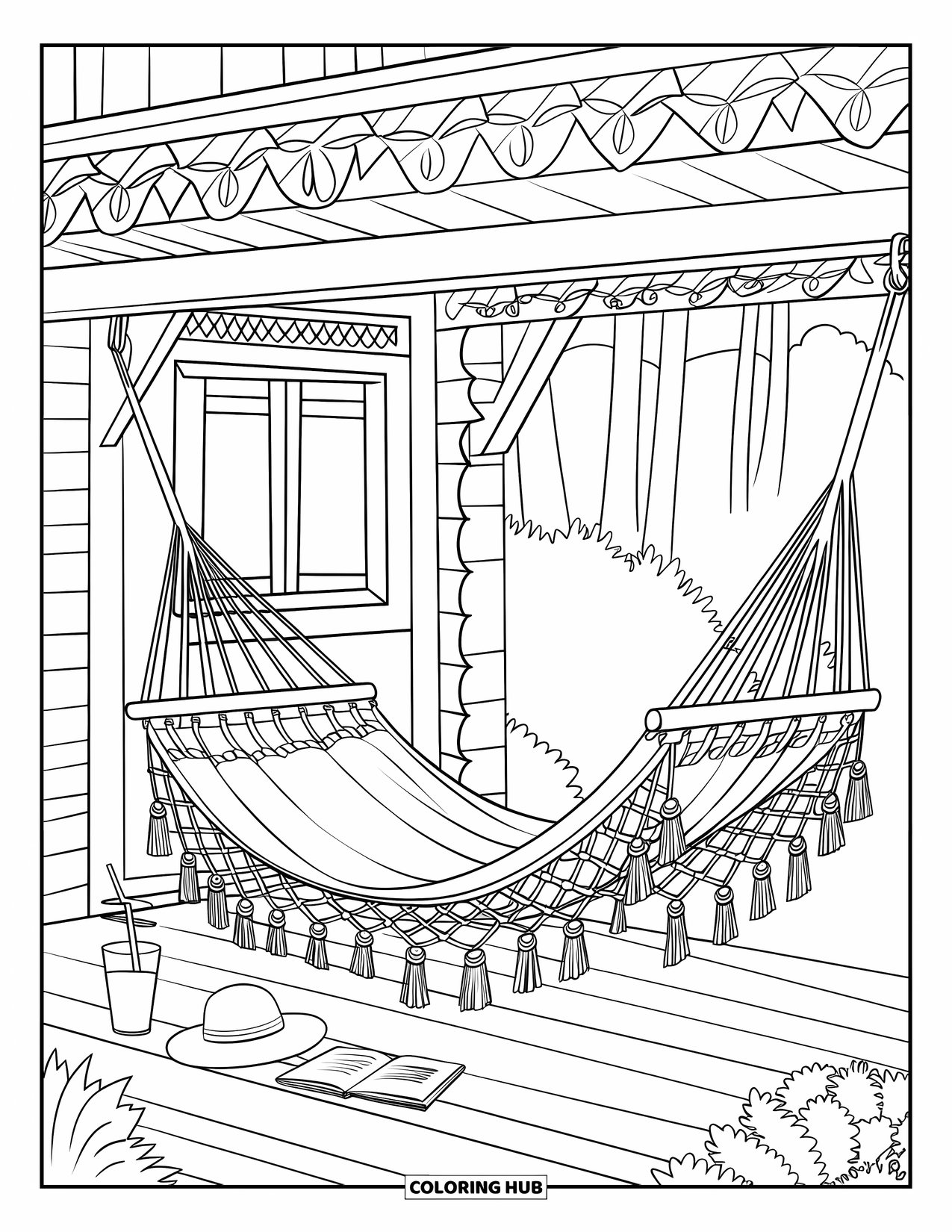 June Coloring Page for Adults: A cozy porch hammock beside a book, drink, and sunhat with trees all around