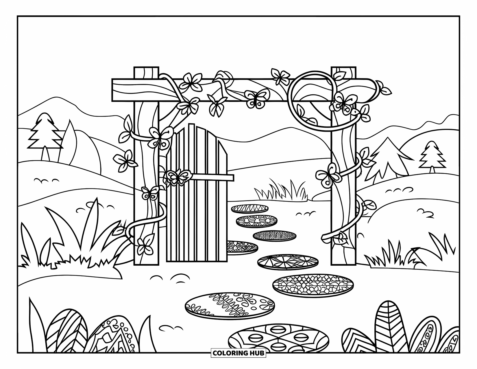 June Coloring Page for Adults: A garden gate wrapped in vines and butterflies with patterned stones below