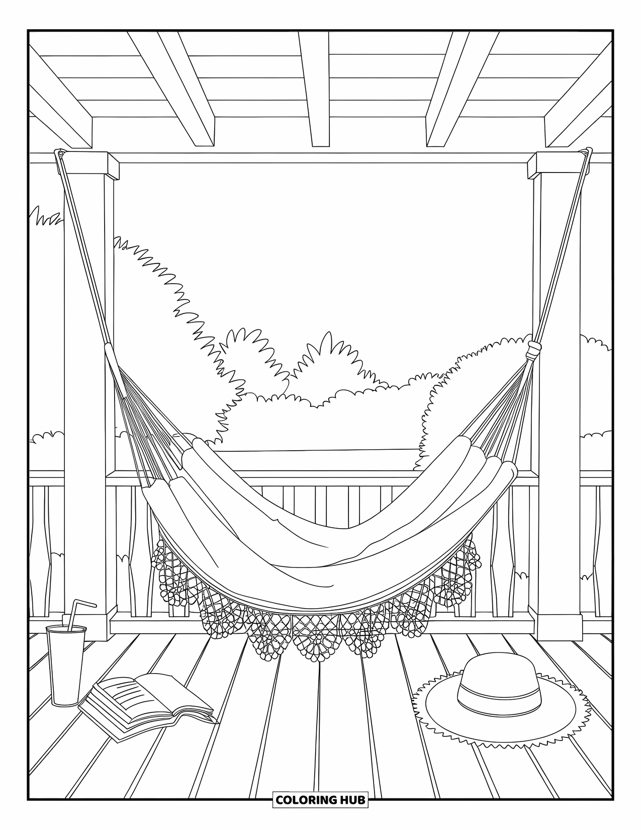 June Coloring Page for Adults: A hammock hangs between trees on a porch with a book, hat, and drink nearby