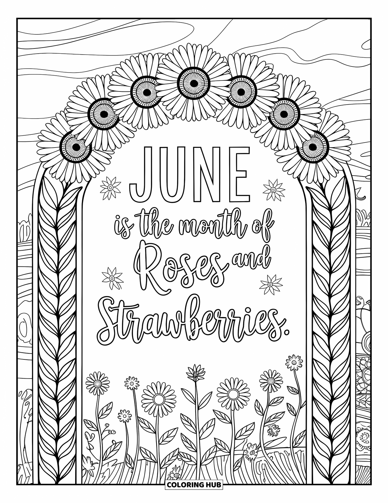 June Coloring Page for Adults: A June quote surrounded by sunflower mandalas, leafy arches, and meadow wildflowers
