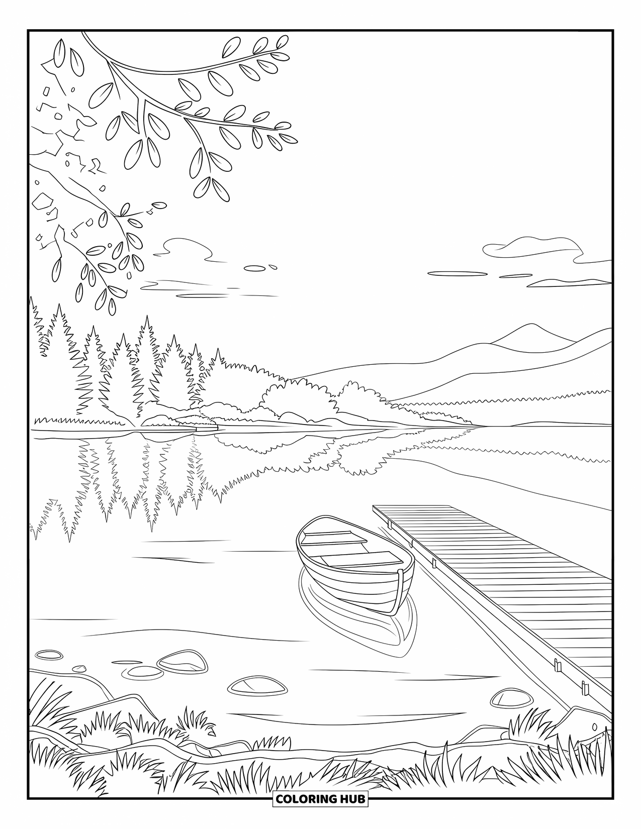 June Coloring Page for Adults: A quiet lake view with rowboat, dock, trees, and mountains reflected on the water