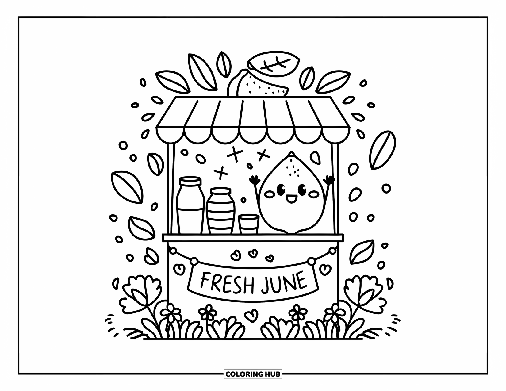June Coloring Page for Adults: A smiling lemon mascot stands on a lemonade stand with flowers, jars, and a ìFresh Juneî banner