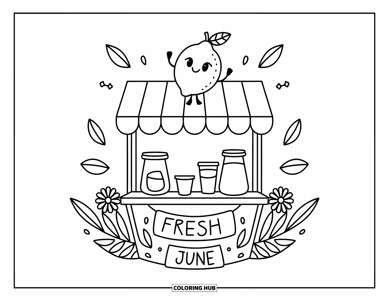 June Coloring Page for Adults: A smiling lemon stands on a lemonade stand with flowers and a "Fresh June" banner