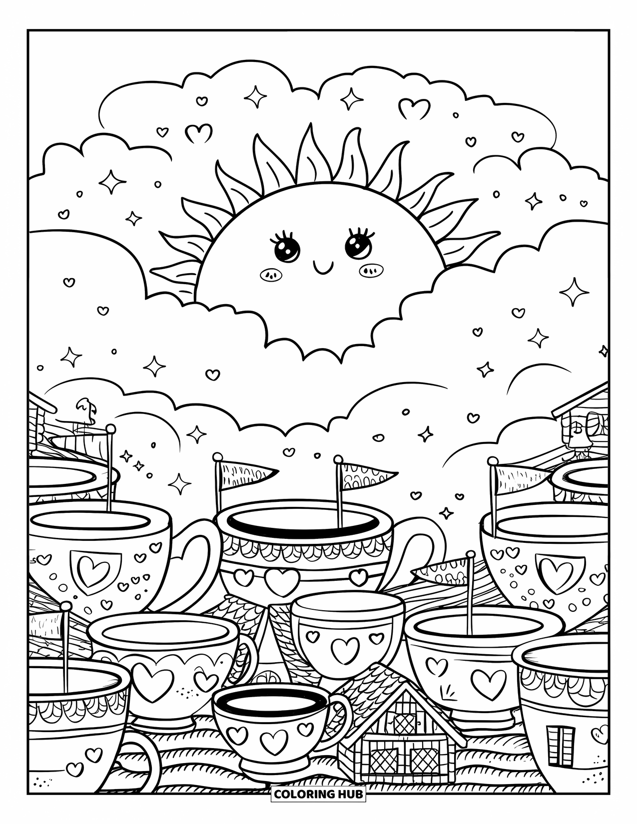 June Coloring Page for Adults: A smiling sun floats above teacup homes with hearts, flags, and puffy clouds