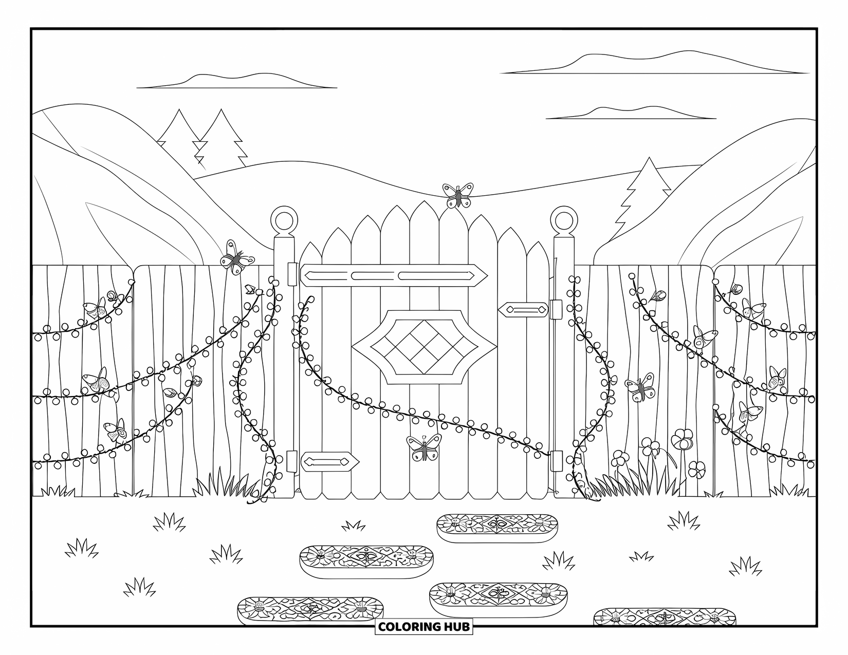 June Coloring Page for Adults: A wooden gate with butterflies and vines opens to a quiet mountain view