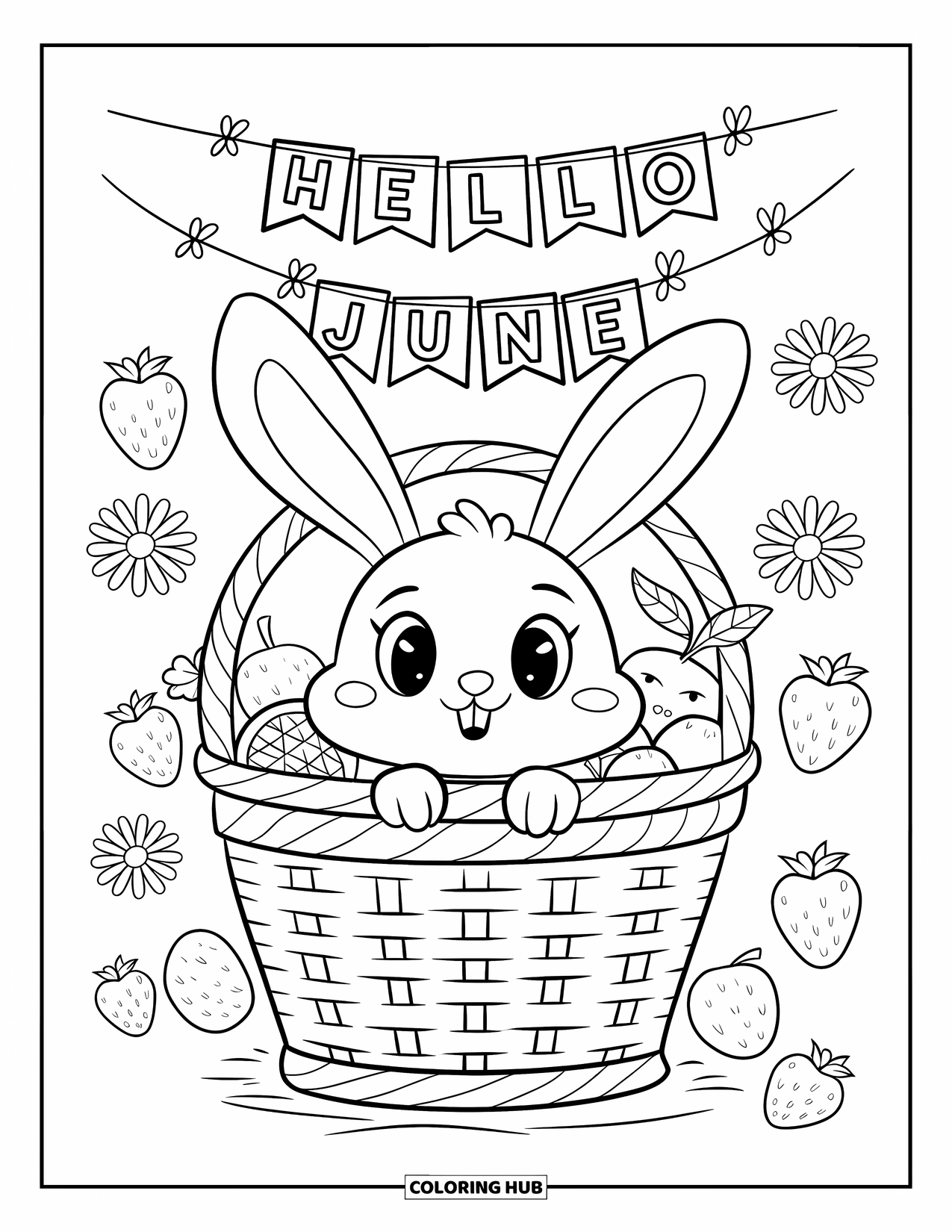 June Coloring Page for Adults: Adorable bunny in a picnic basket with fruits, daisies, and strawberries floating around