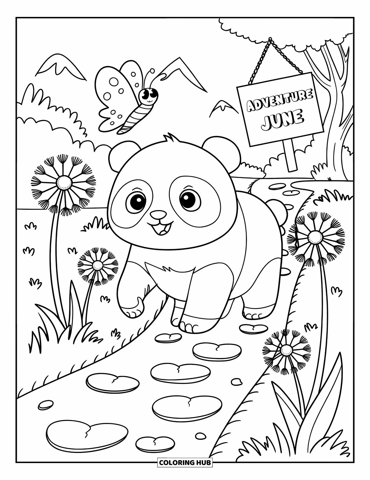 June Coloring Page for Adults: Adventurous panda on a garden path with flowers, heart pebbles, and a floating sign